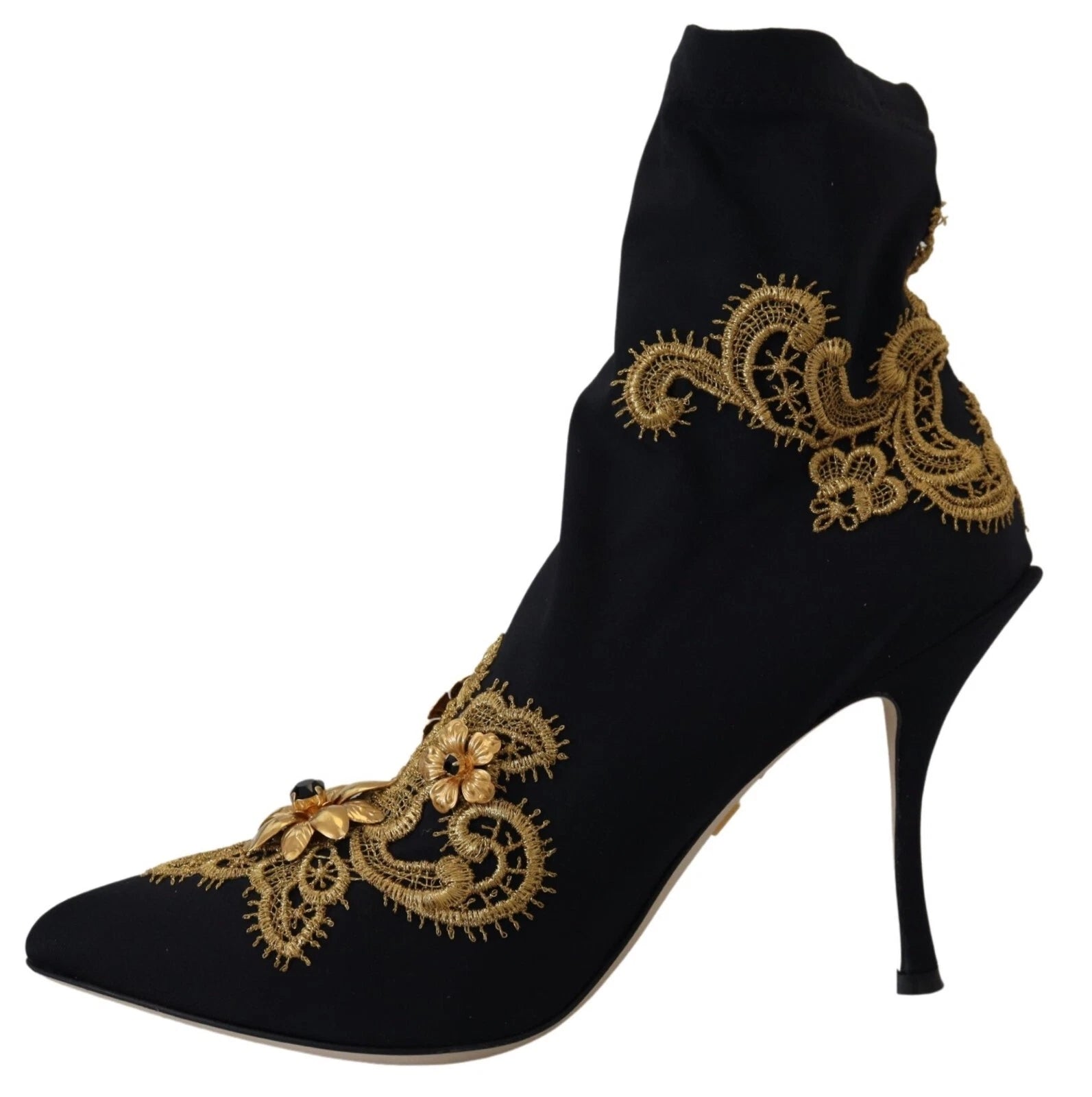Black Gold Embroidery Crystal Boots Shoes - ventzia
