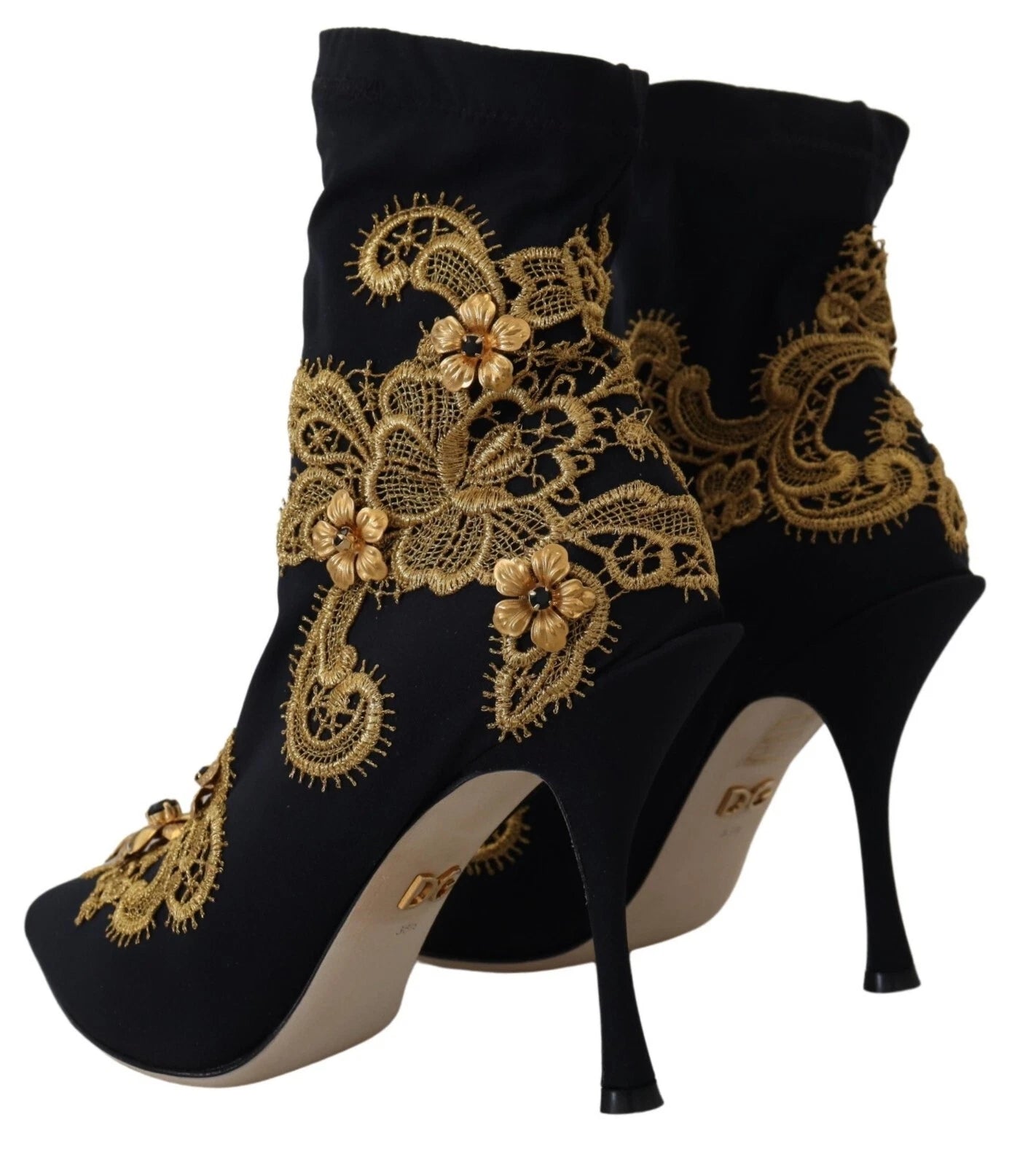 Black Gold Embroidery Crystal Boots Shoes - ventzia