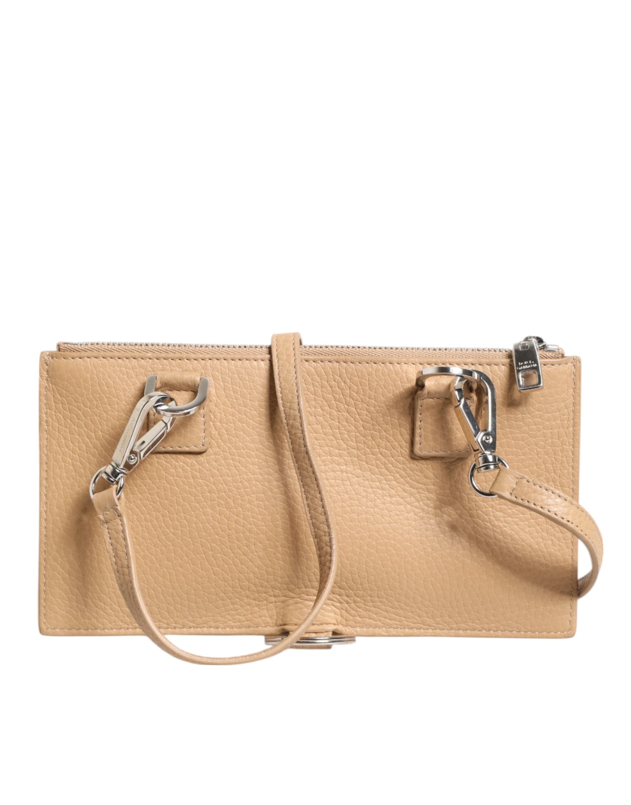Beige Calfskin Leather Large Crossbody Card Holder Wallet - ventzia