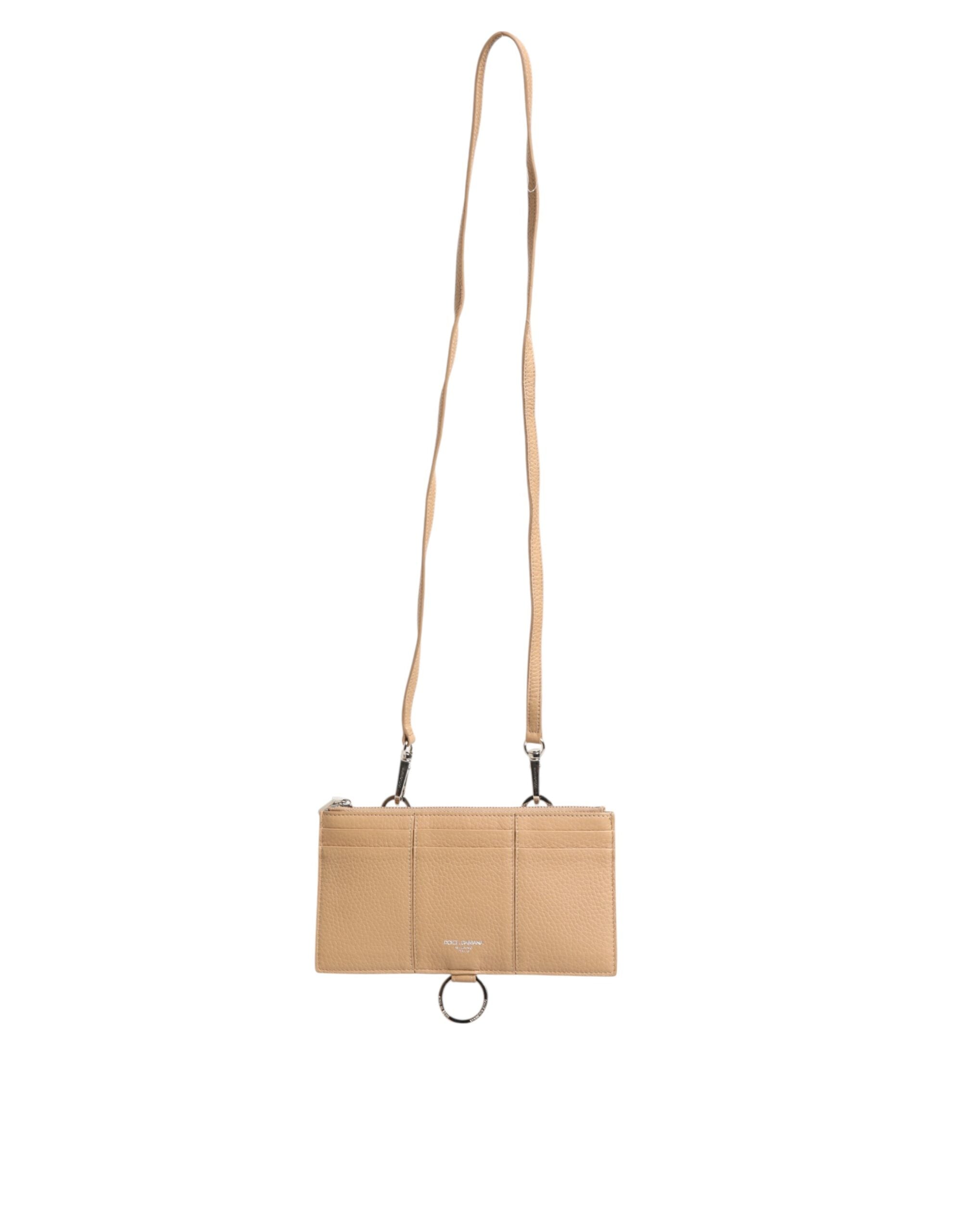 Beige Calfskin Leather Large Crossbody Card Holder Wallet - ventzia