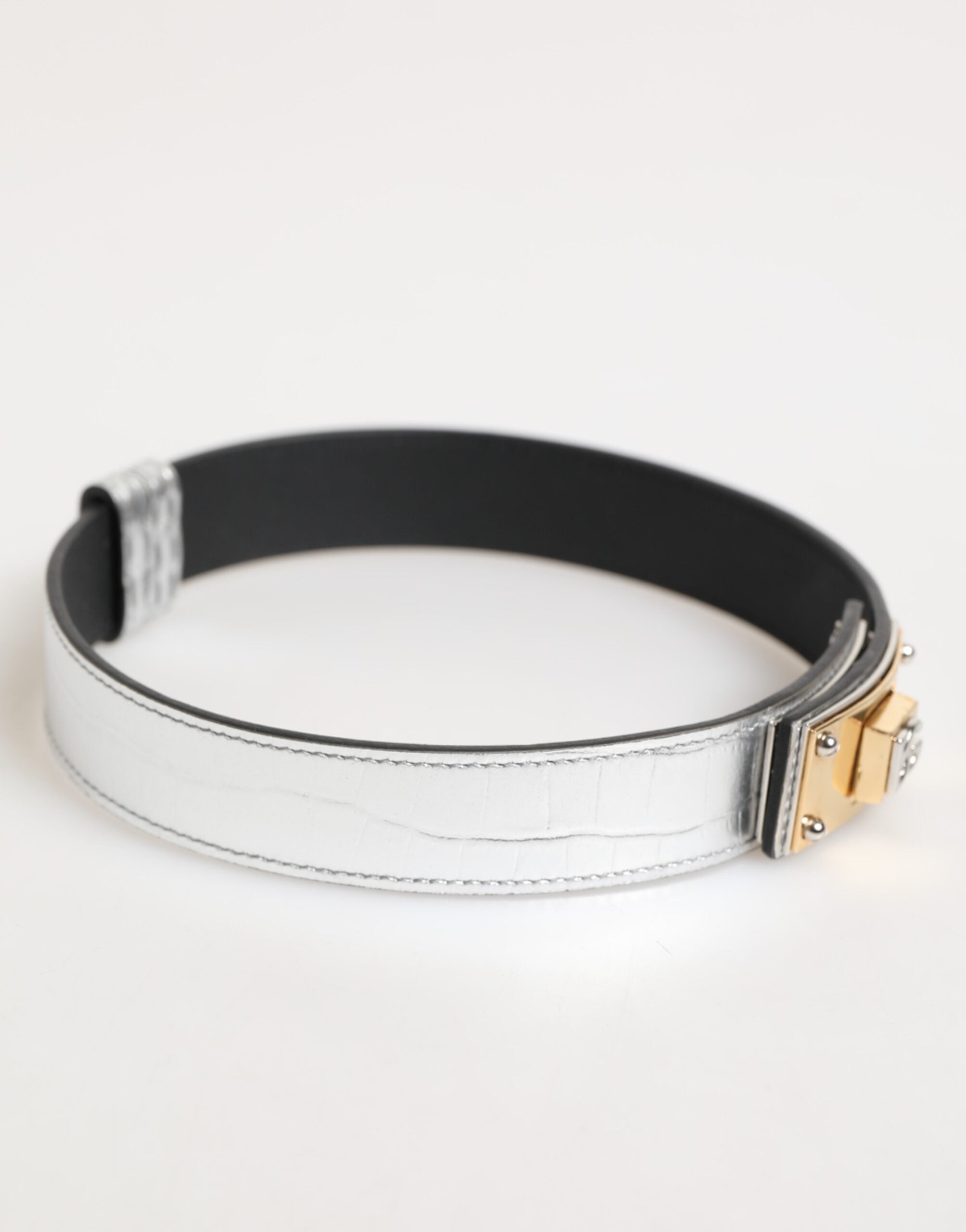 Silver Textured Leather Gold Tone Metal Neckband - ventzia