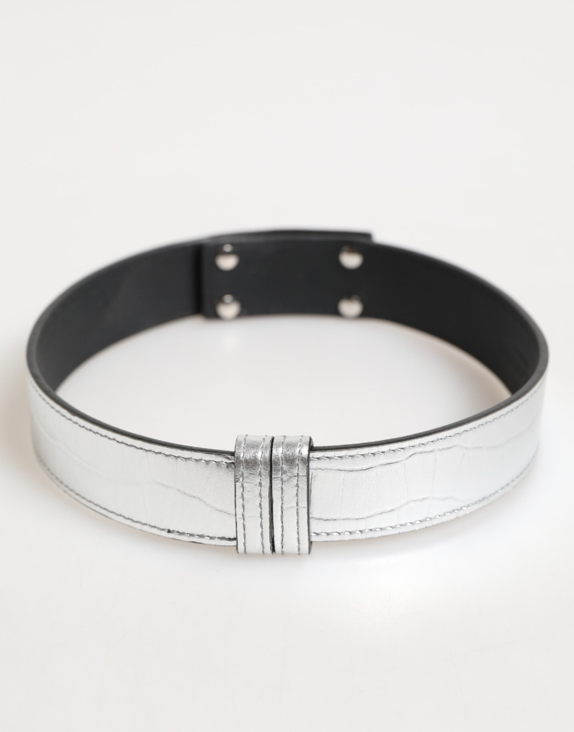 Silver Textured Leather Gold Tone Metal Neckband