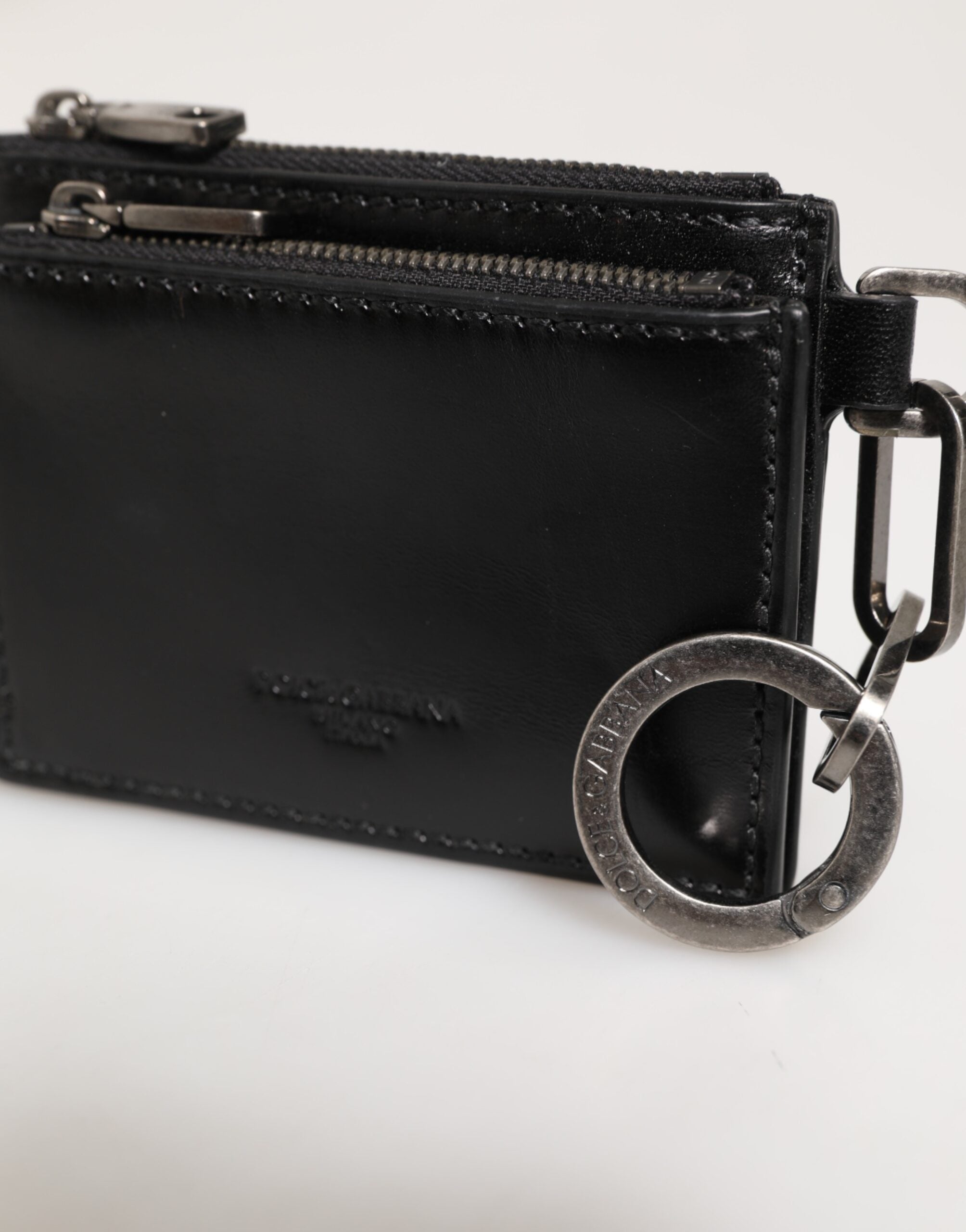 Black Leather Zipped Card Holder Coin Purse Keyring Wallet - ventzia