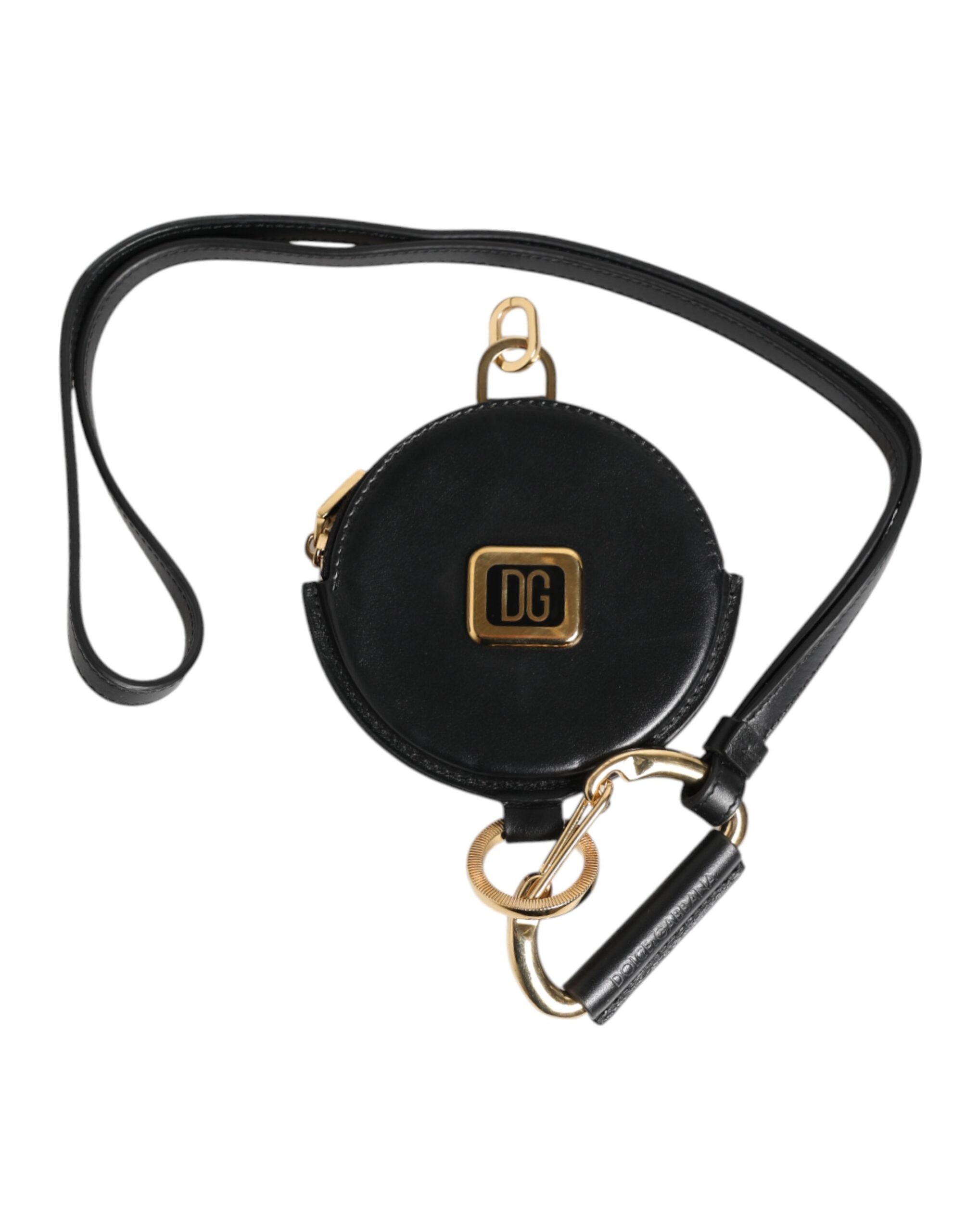 Black Round Leather DG Logo Coin Purse Lanyard Wallet - ventzia