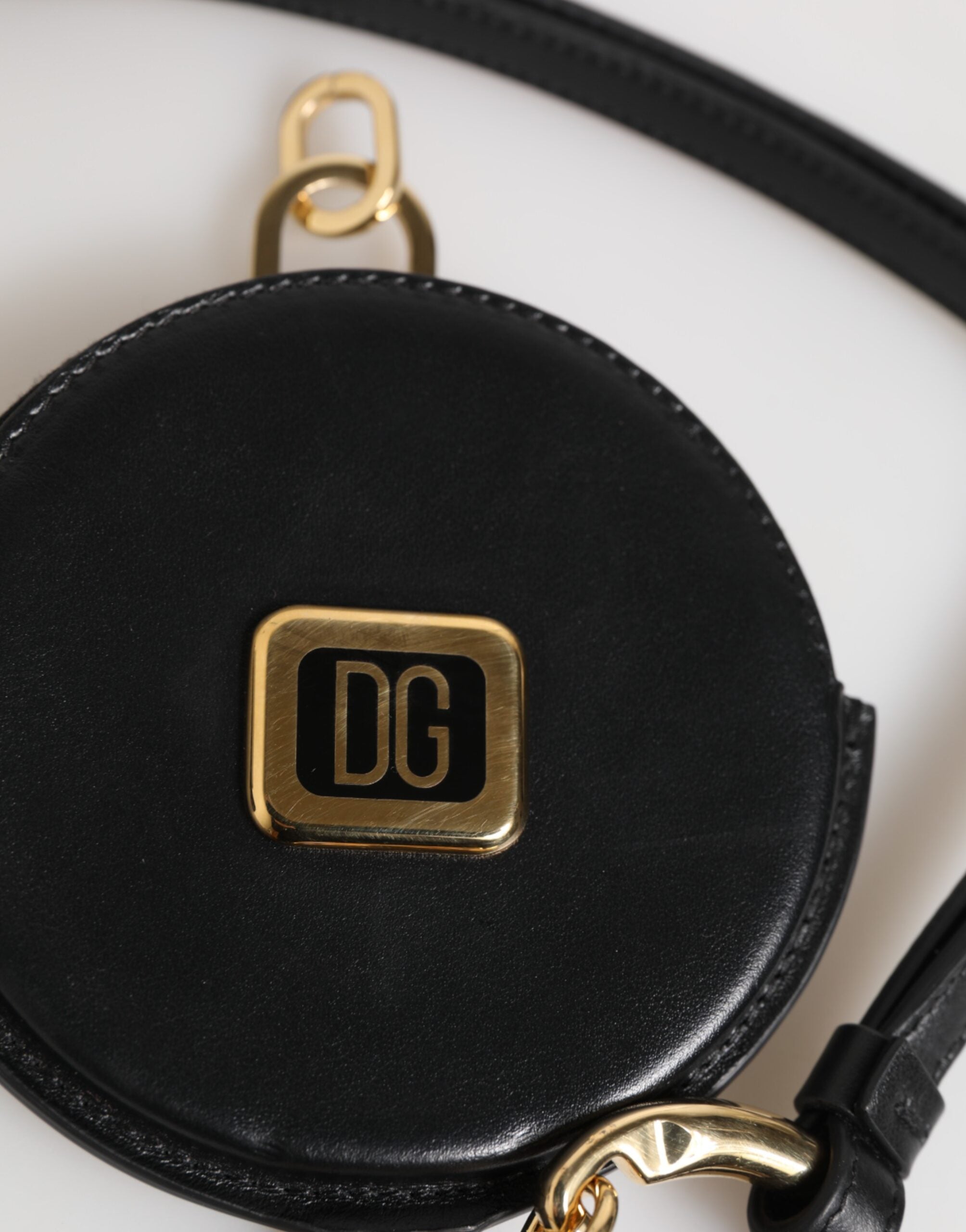 Black Round Leather DG Logo Coin Purse Lanyard Wallet - ventzia