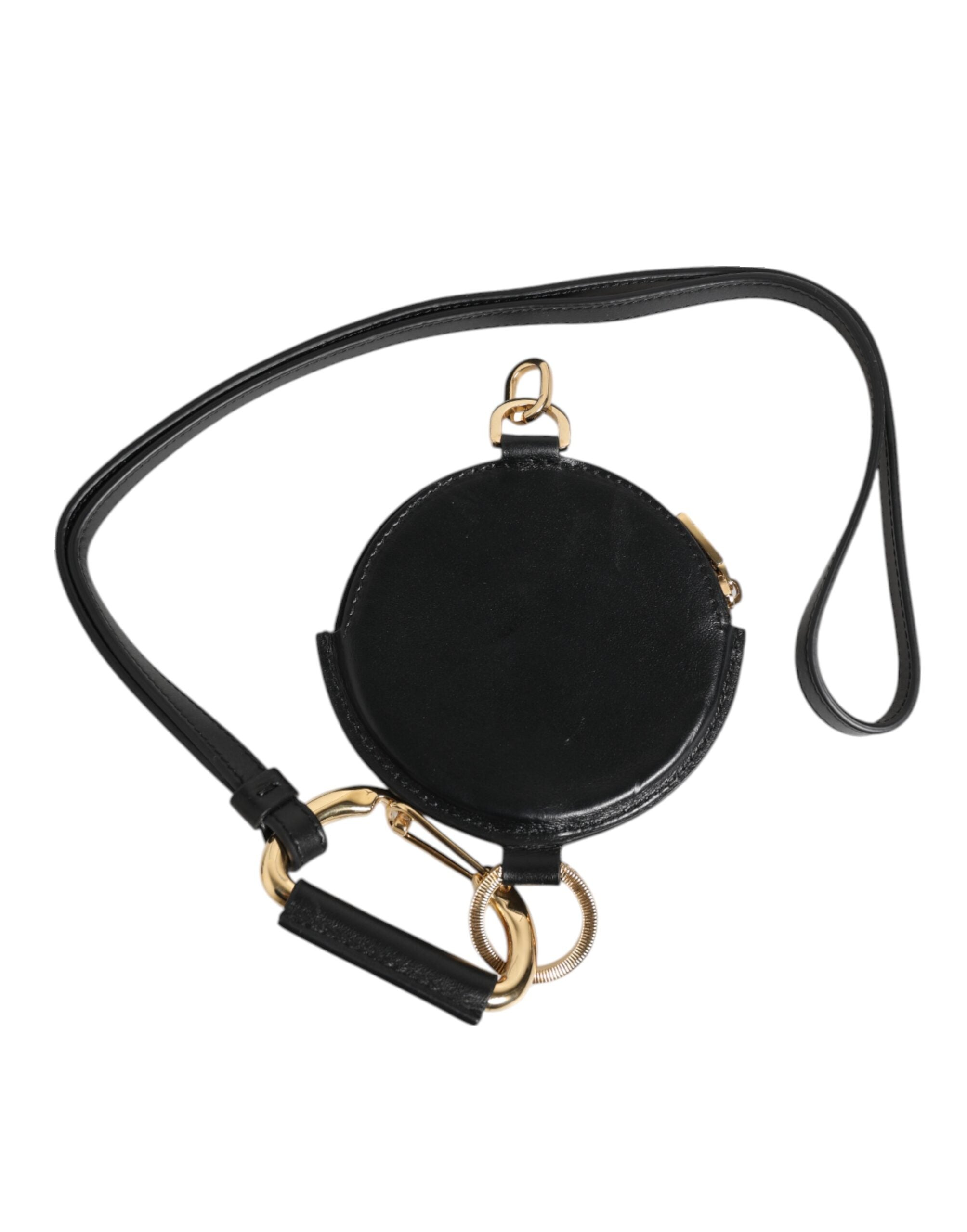 Black Round Leather DG Logo Coin Purse Lanyard Wallet - ventzia