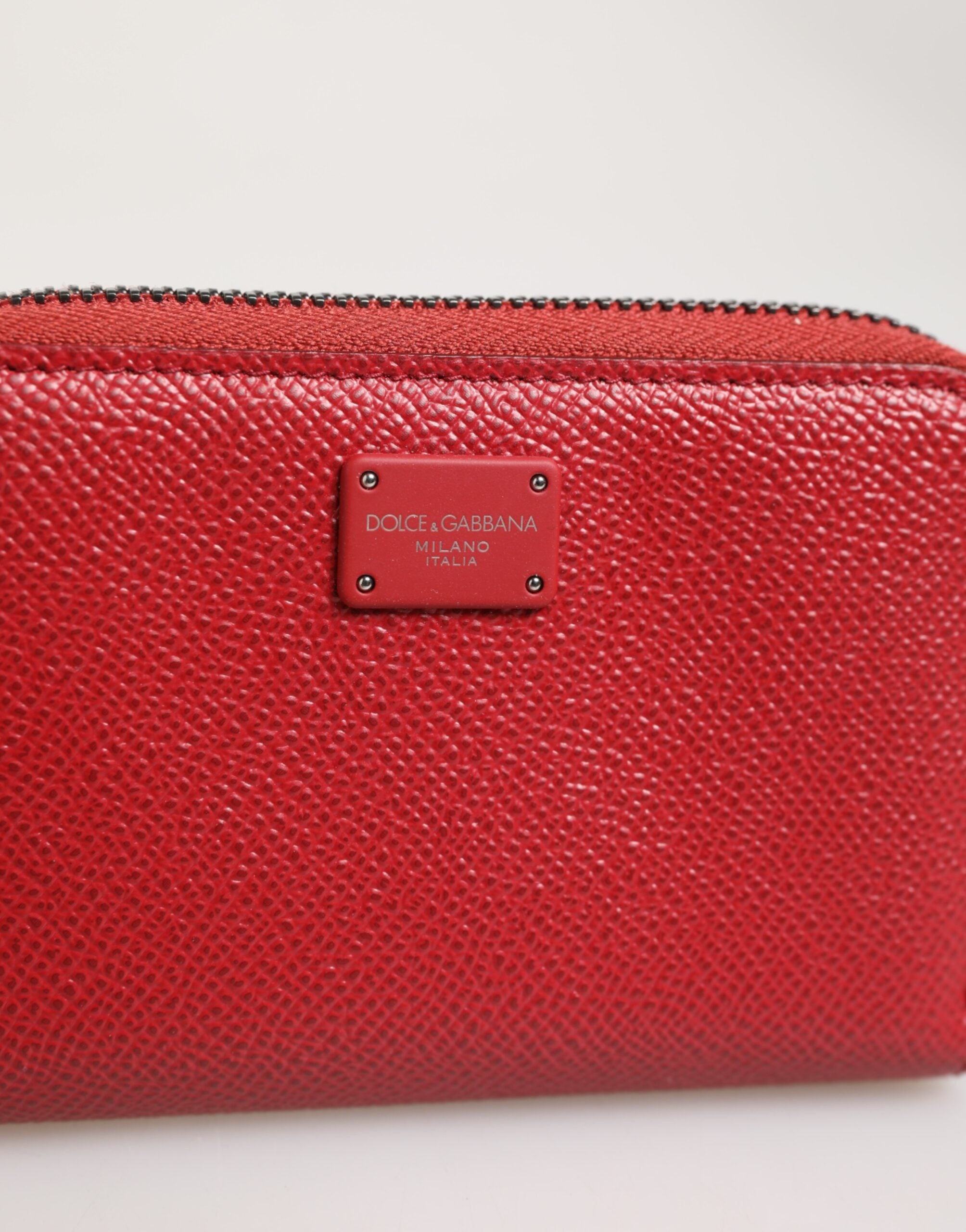 Red Leather Zip Around Logo Plaque Men Coin Purse Wallet - ventzia