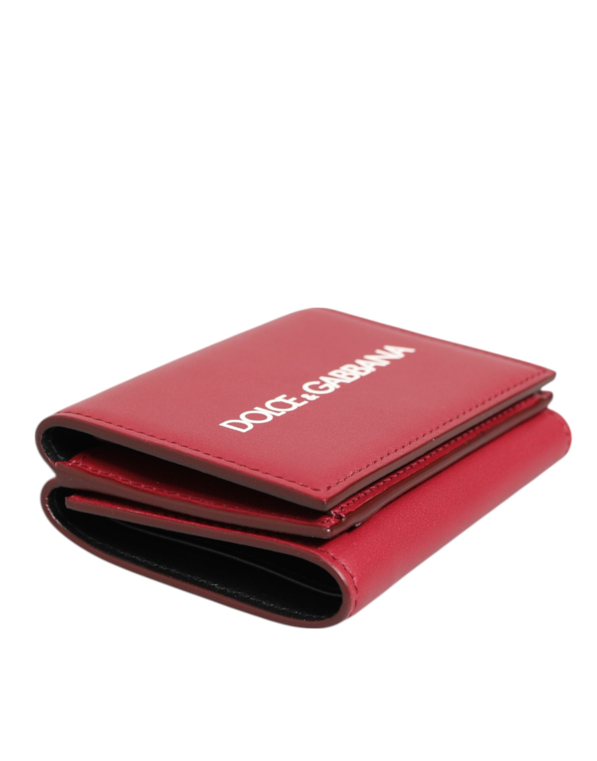 Red Leather Bold Logo Print Trifold Card Holder Wallet - ventzia
