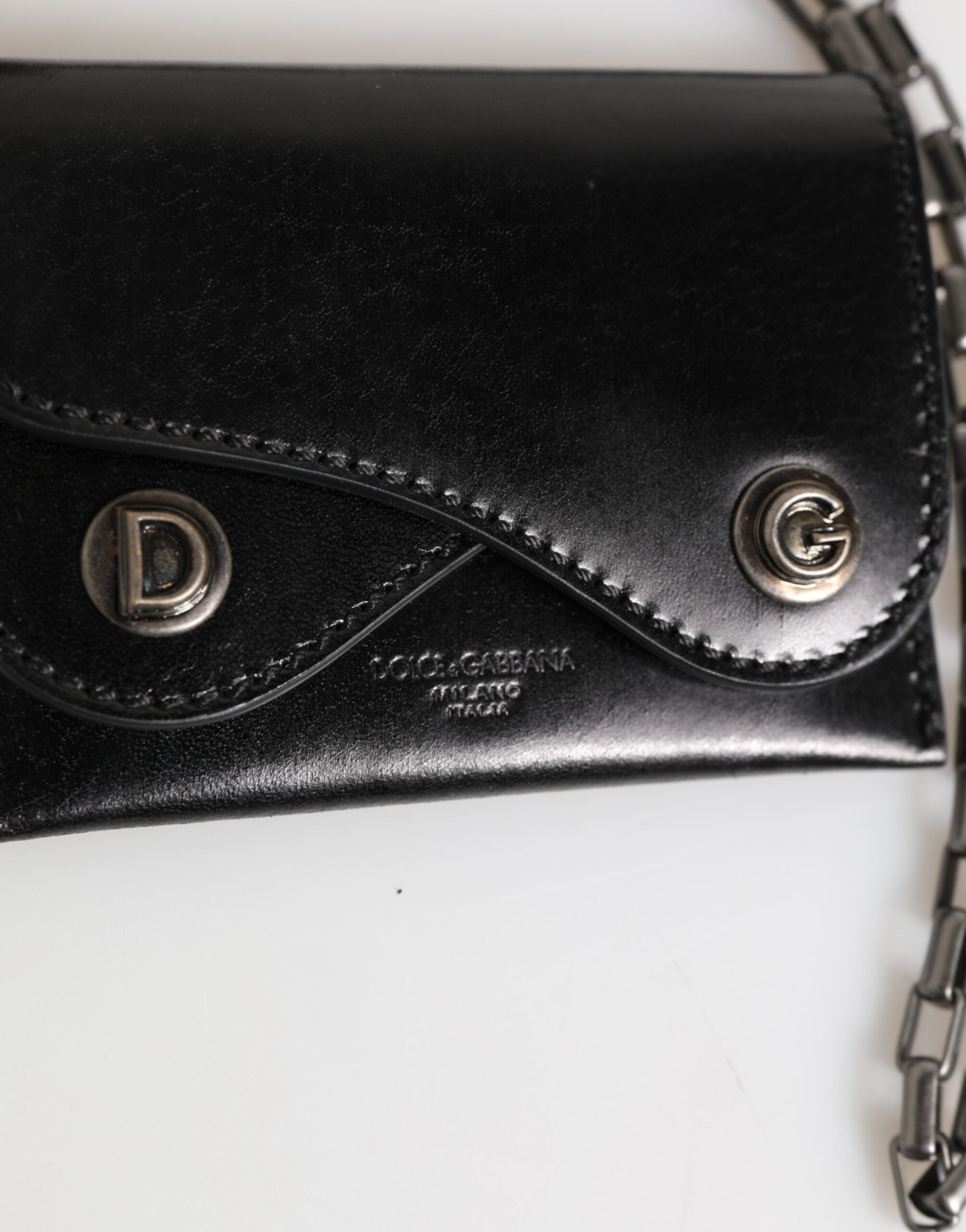 Black Cavallo Leather Wallet Chain Snap Bifold Card Holder - ventzia