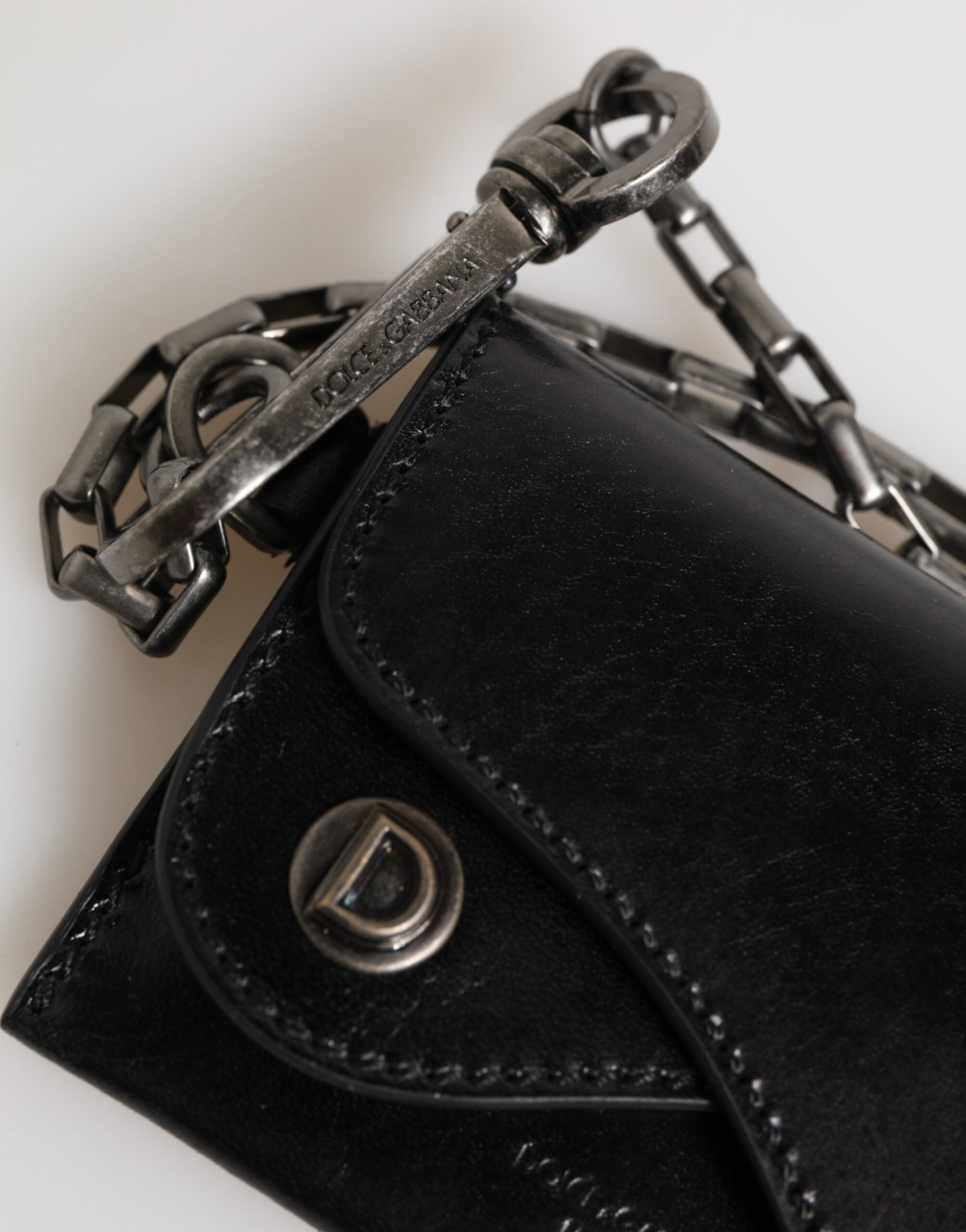 Black Cavallo Leather Wallet Chain Snap Bifold Card Holder - ventzia