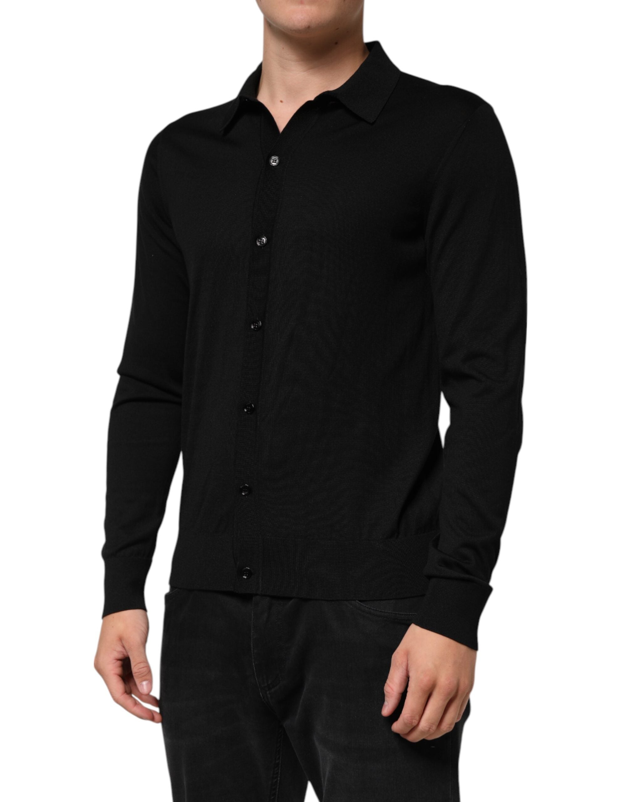 Black Silk Button Up Lightweight Sweater - ventzia