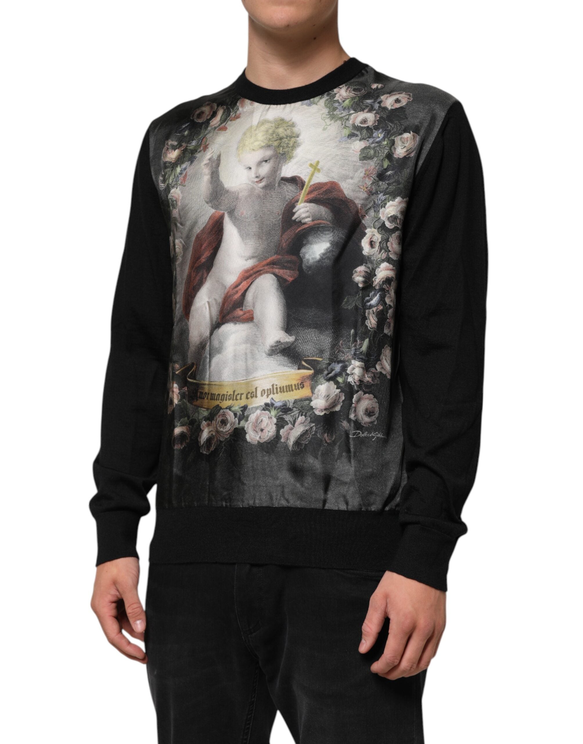 Black Cashmere Cherub Print Baroque Sweater - ventzia