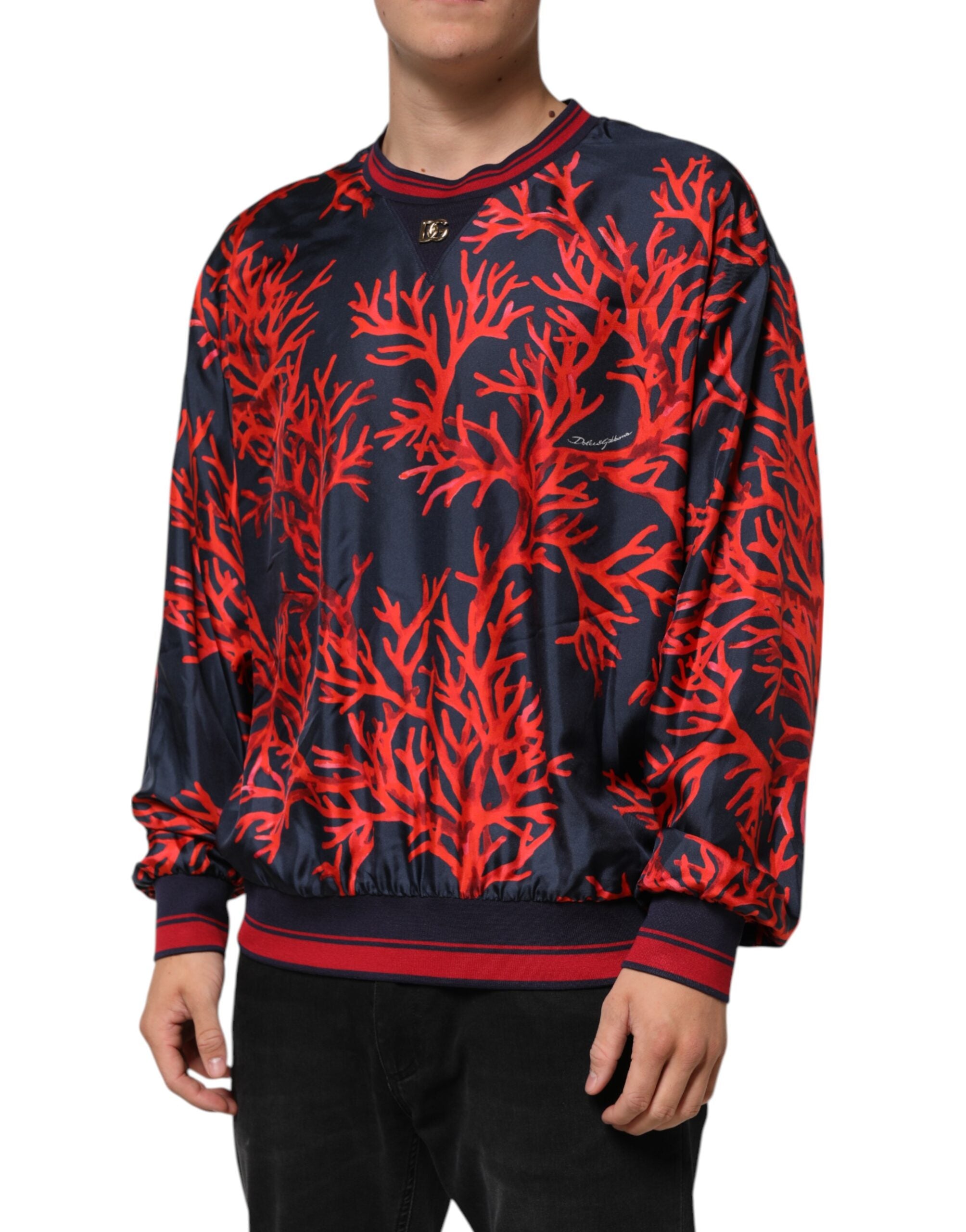 Silk Navy Red Coral Print Pullover Sweater - ventzia