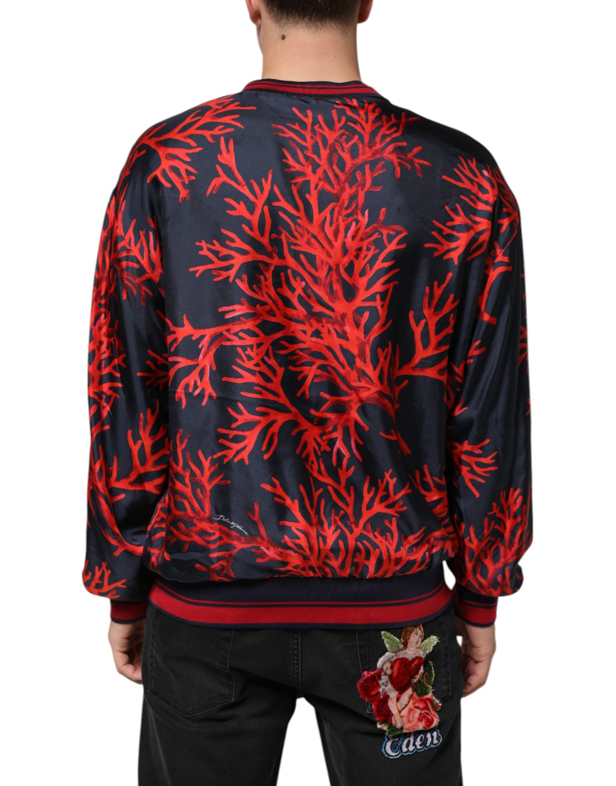 Silk Navy Red Coral Print Pullover Sweater - ventzia