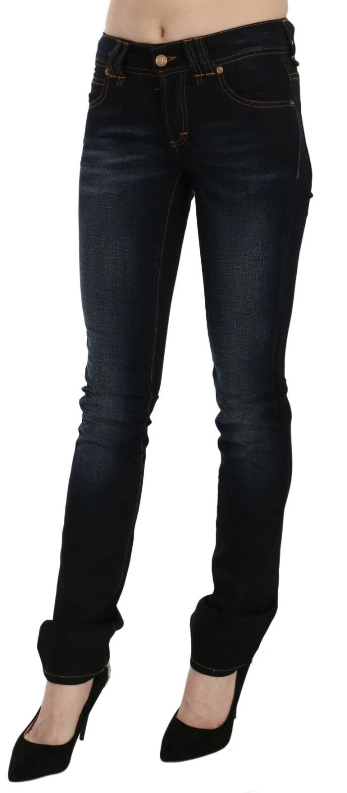 Dark Blue Mid Waist Slim Fit Denim Casual Pants Jeans - ventzia