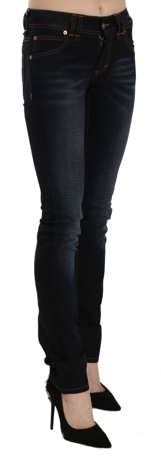 Dark Blue Mid Waist Slim Fit Denim Casual Pants Jeans - ventzia