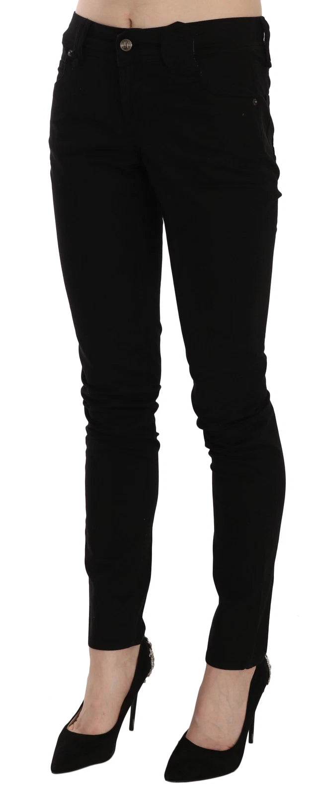 Black Mid Waist Slim Fit Skinny Denim Casual Pants Jeans - ventzia