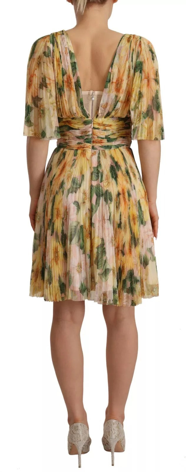 Yellow Floral Print Pleated Maxi Dress - ventzia