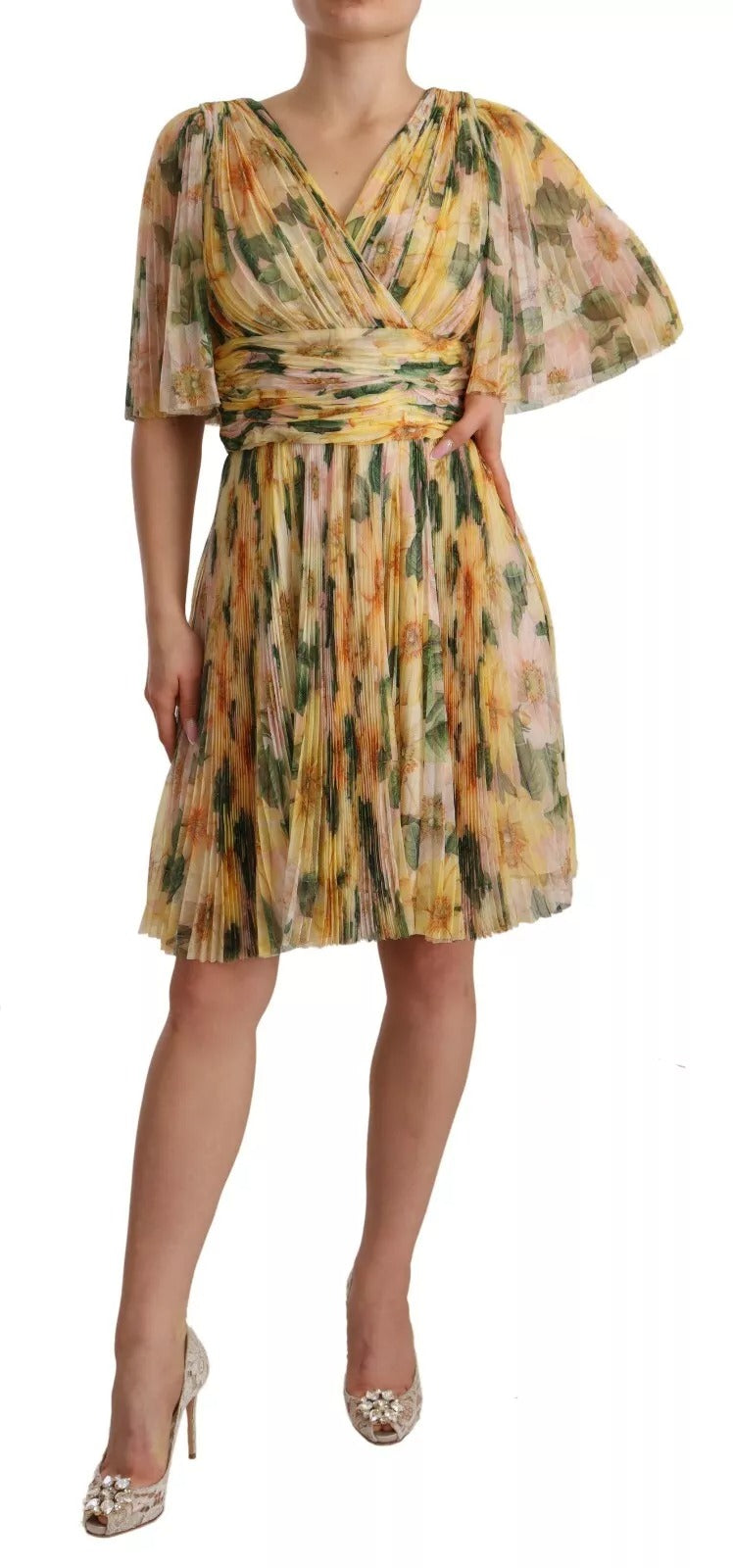 Yellow Floral Print Pleated Maxi Dress - ventzia