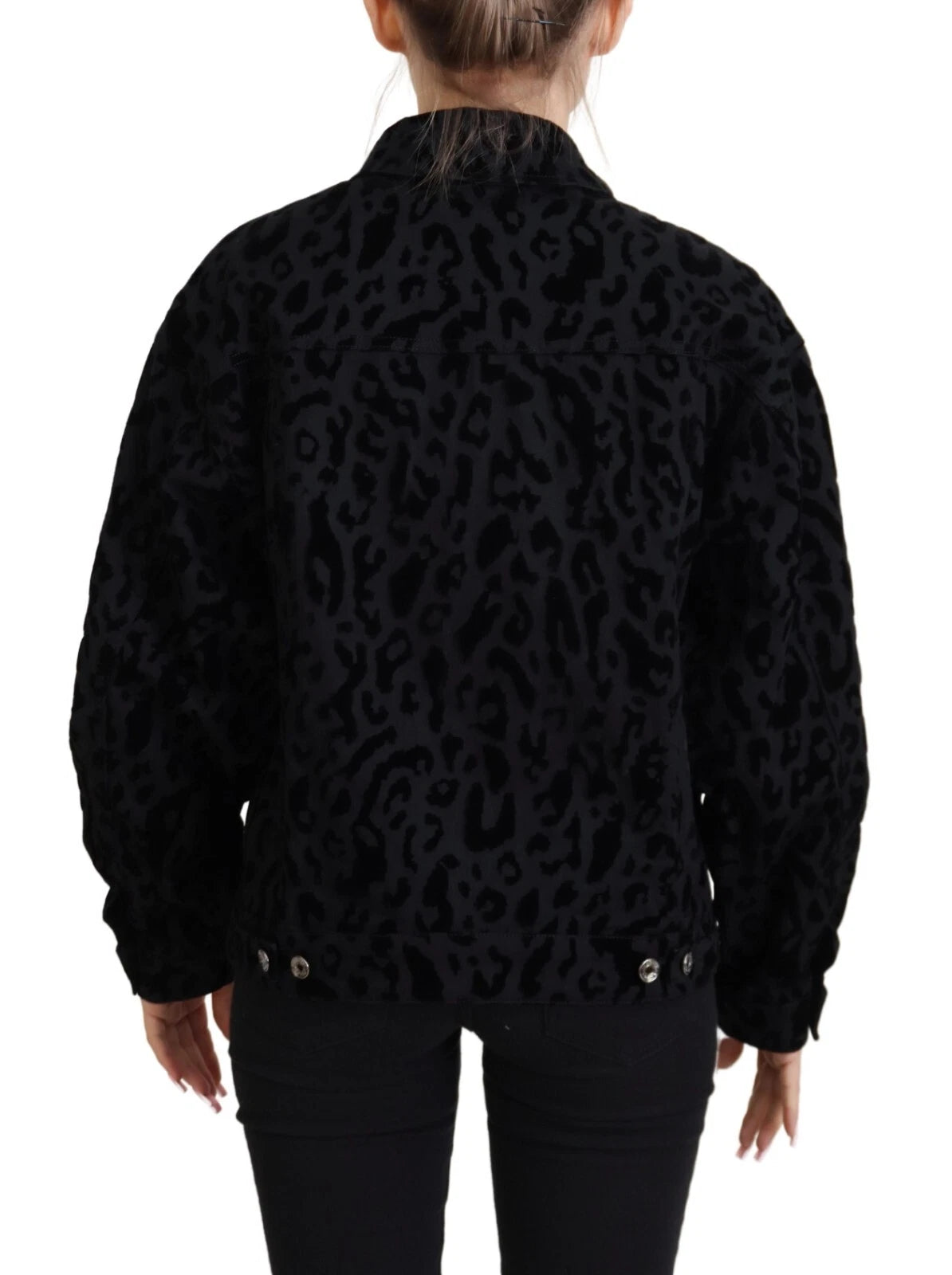 Cotton Black Leopard Long Sleeve Denim Jacket - ventzia