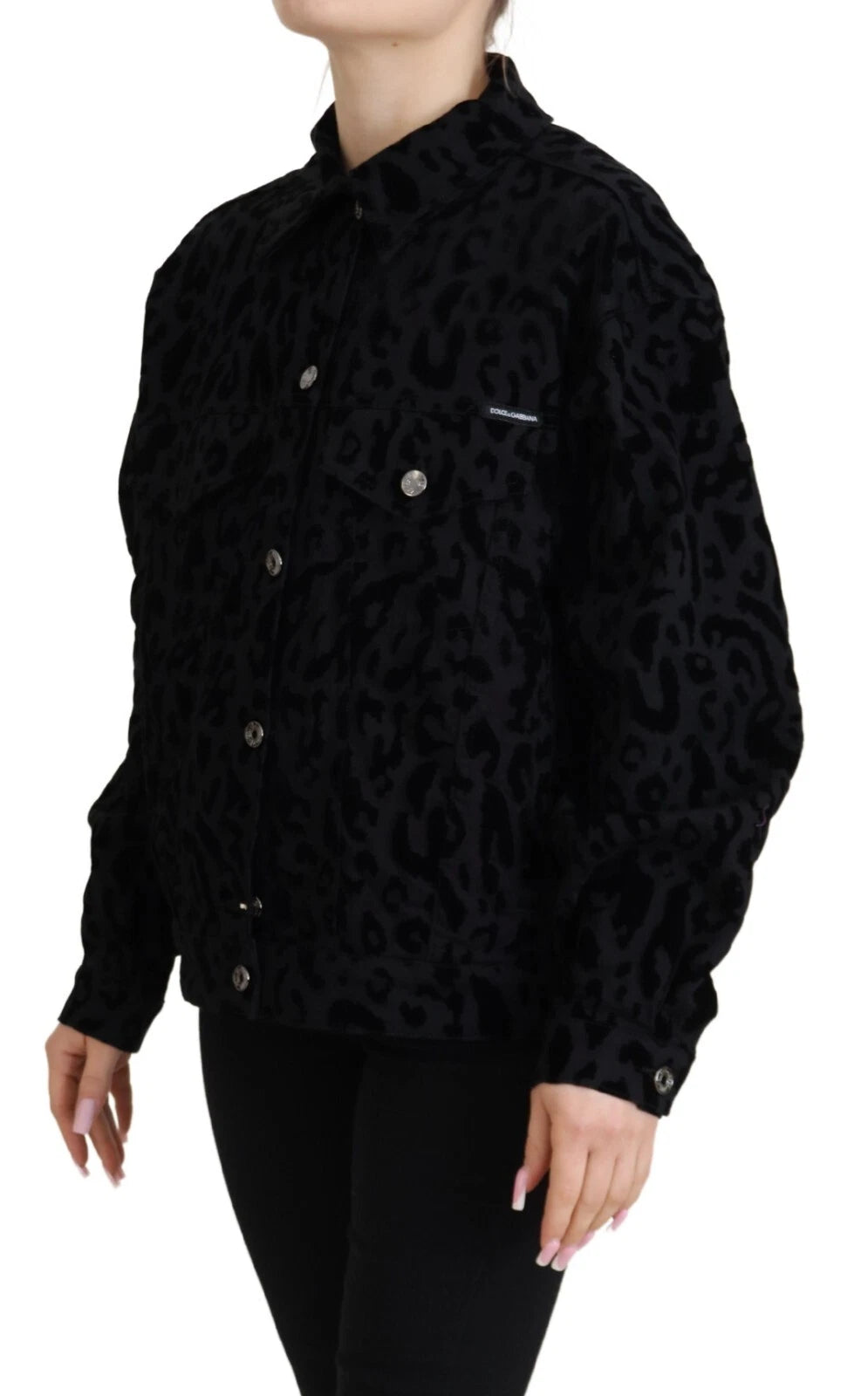 Cotton Black Leopard Long Sleeve Denim Jacket - ventzia