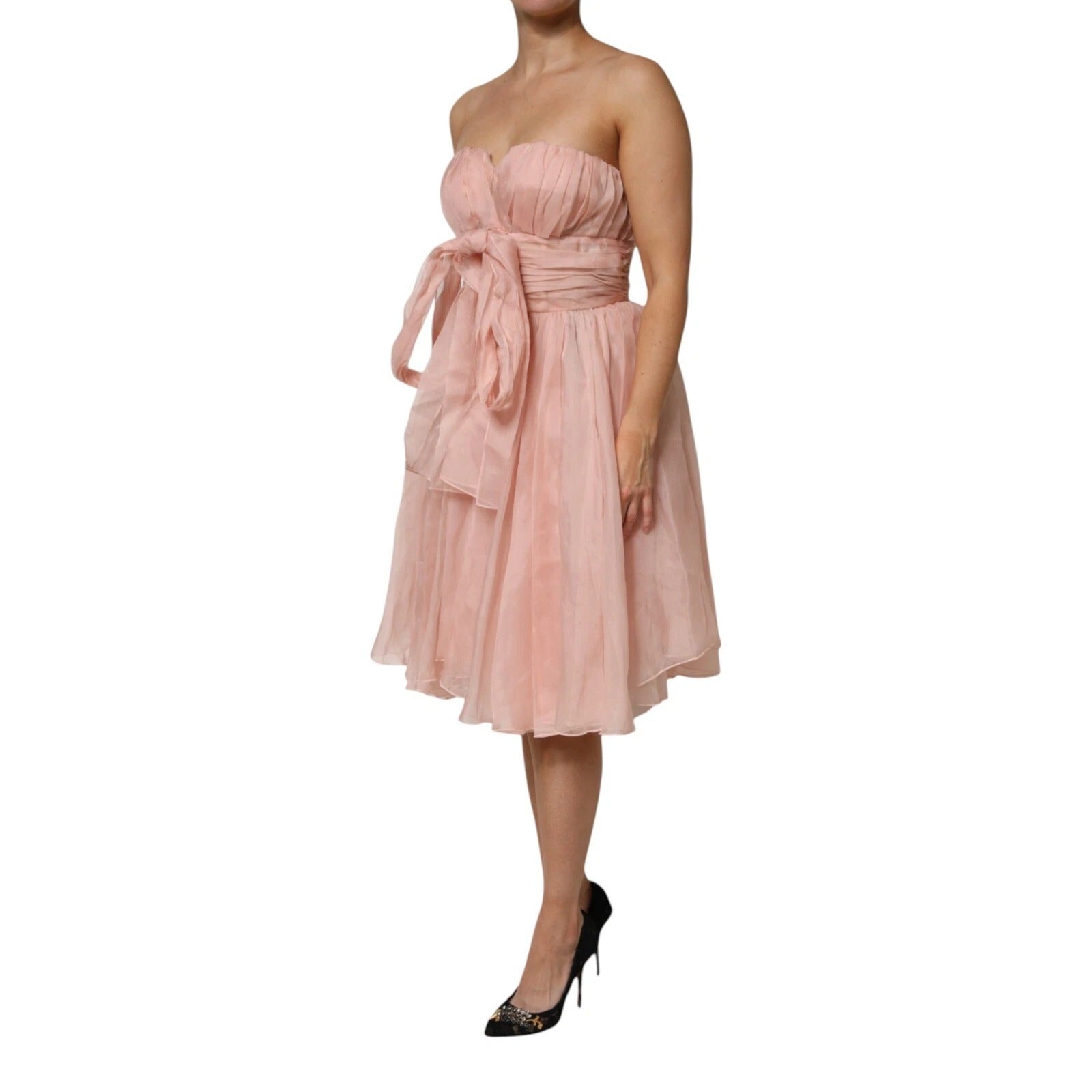 Pink Silk Chiffon A-line Pleated Midi Dress - ventzia