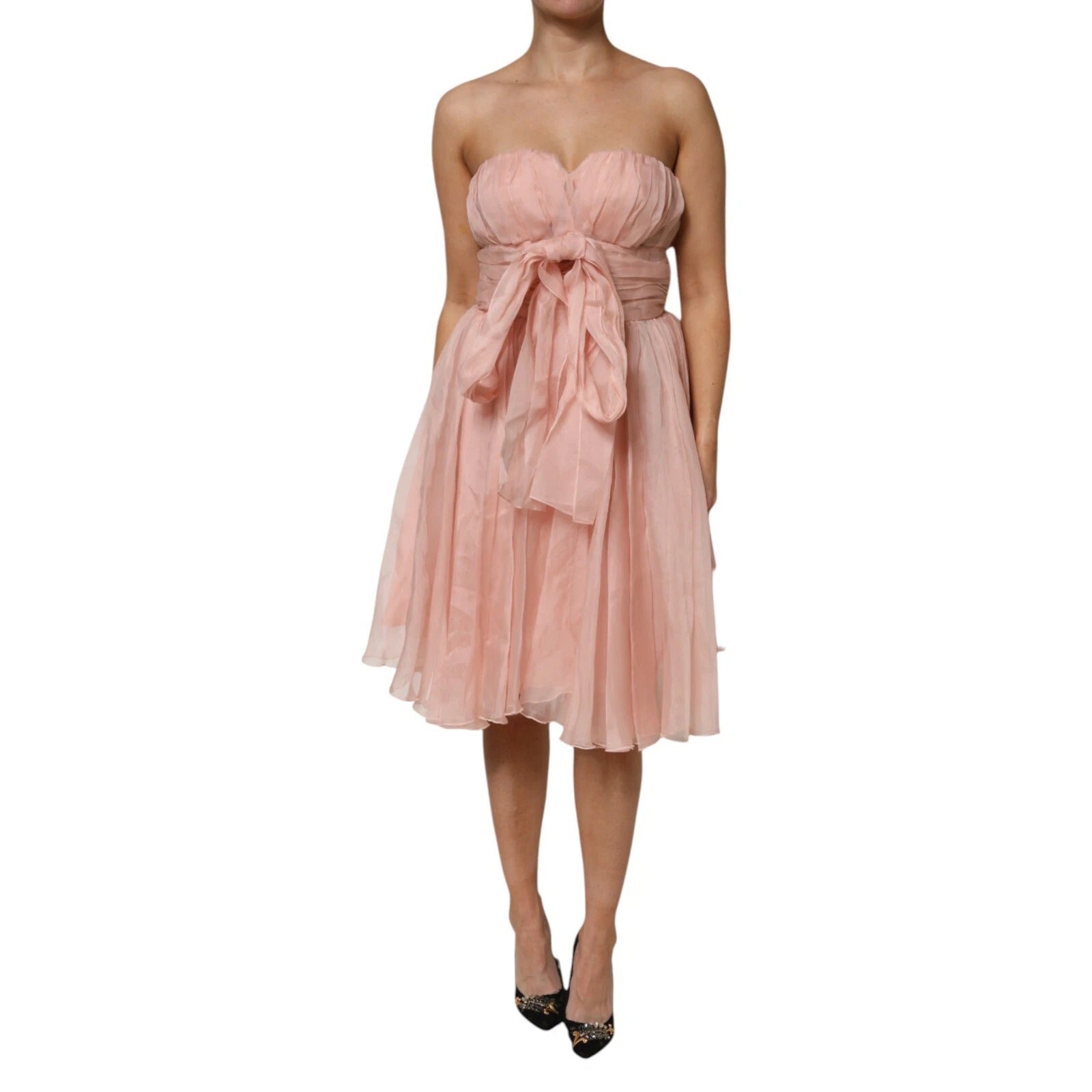 Pink Silk Chiffon A-line Pleated Midi Dress - ventzia