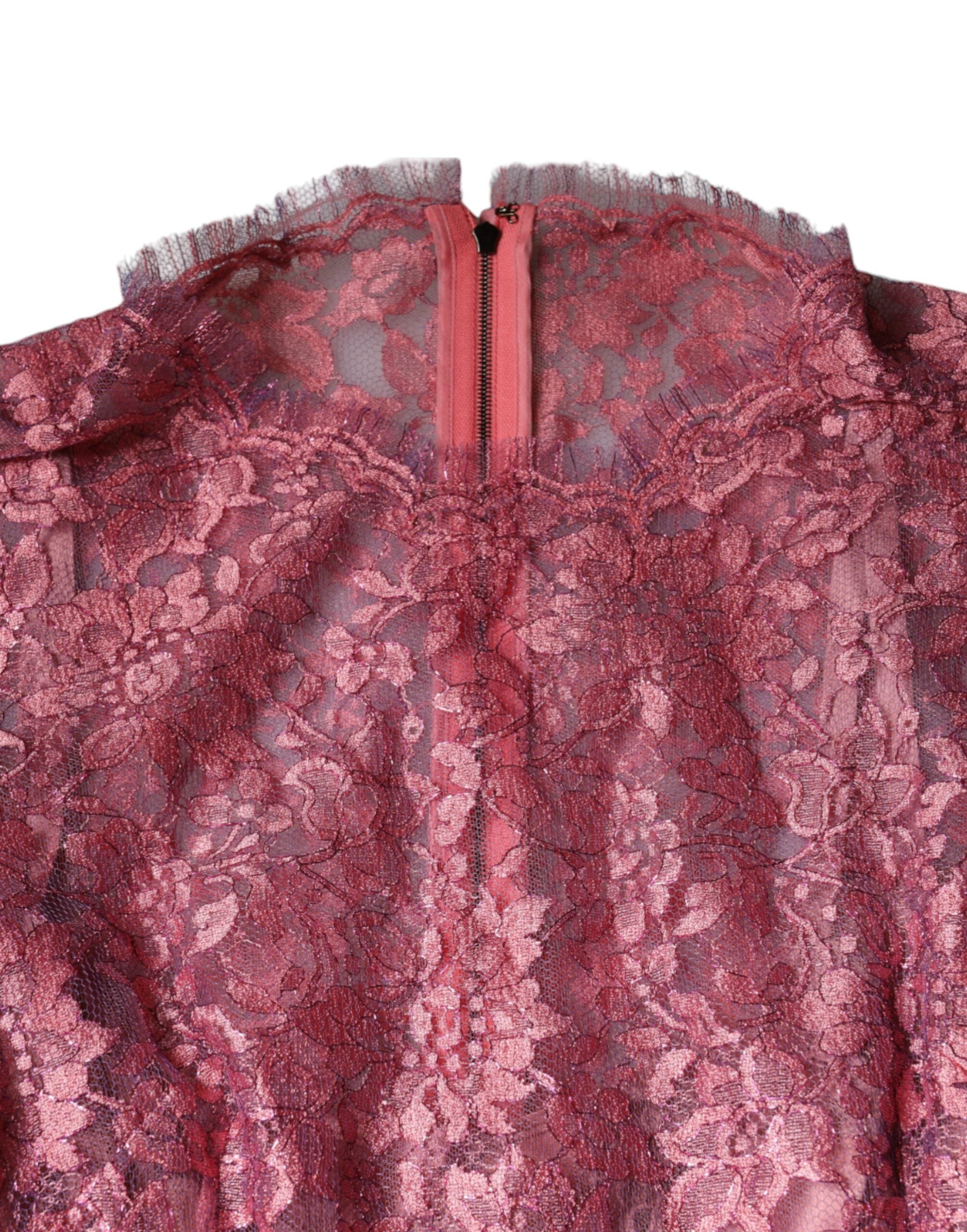 Pink Floral Lace Long Sleeve Midi Dress - ventzia