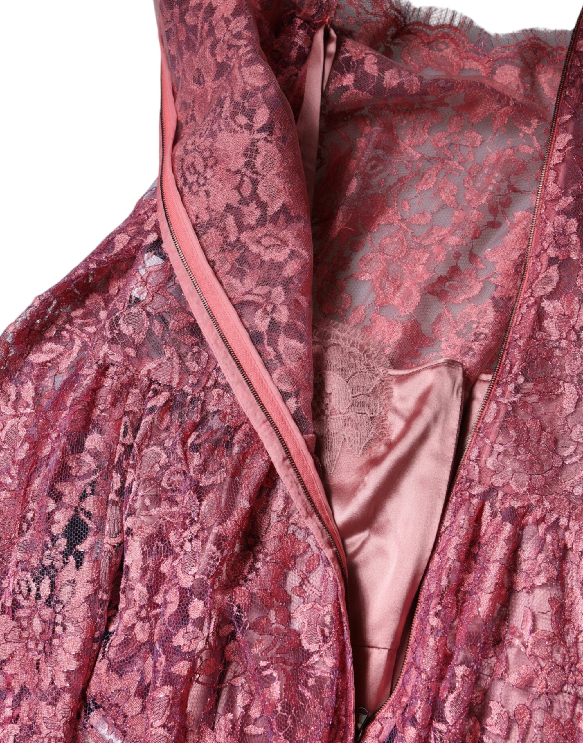 Pink Floral Lace Long Sleeve Midi Dress - ventzia