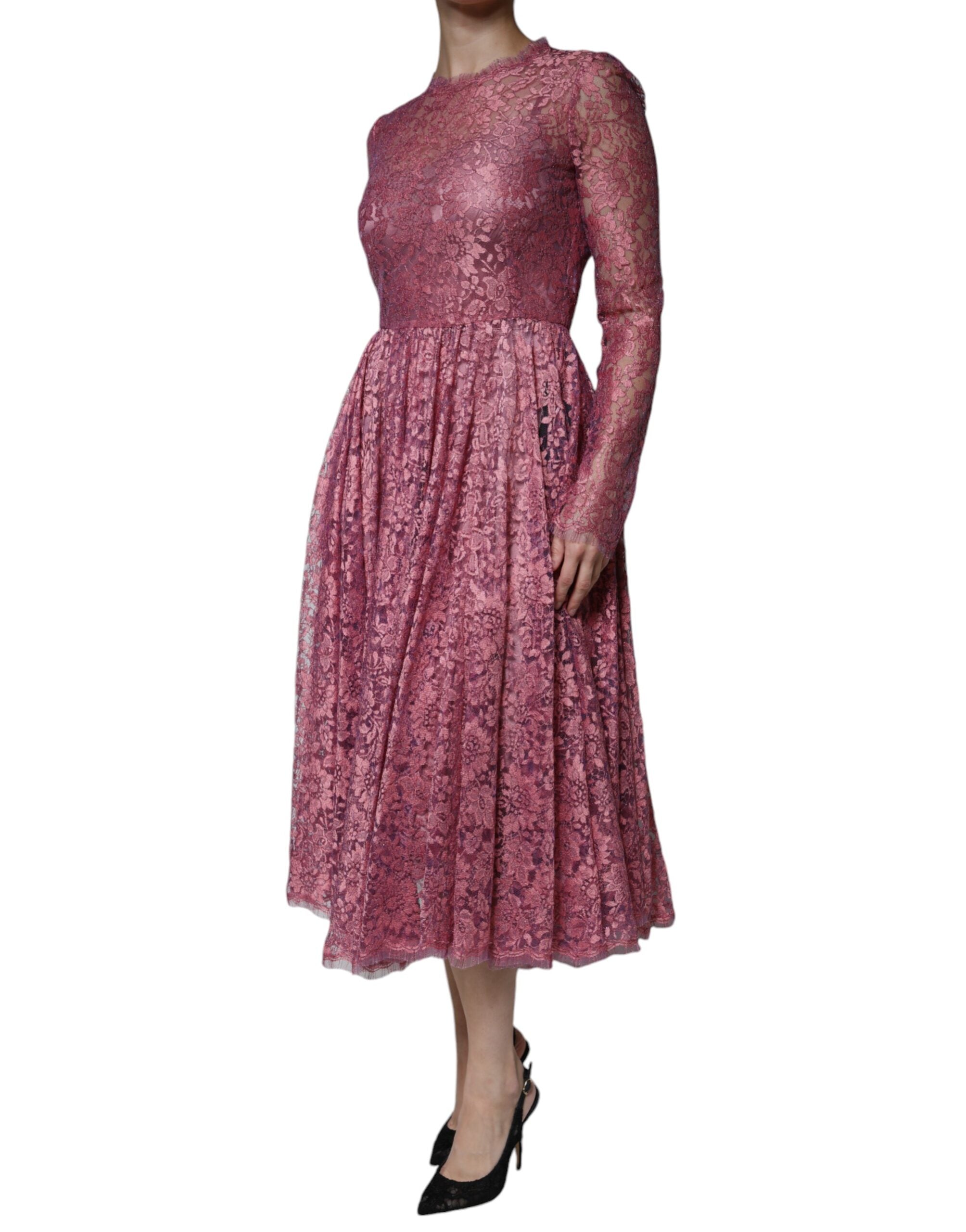 Pink Floral Lace Long Sleeve Midi Dress - ventzia