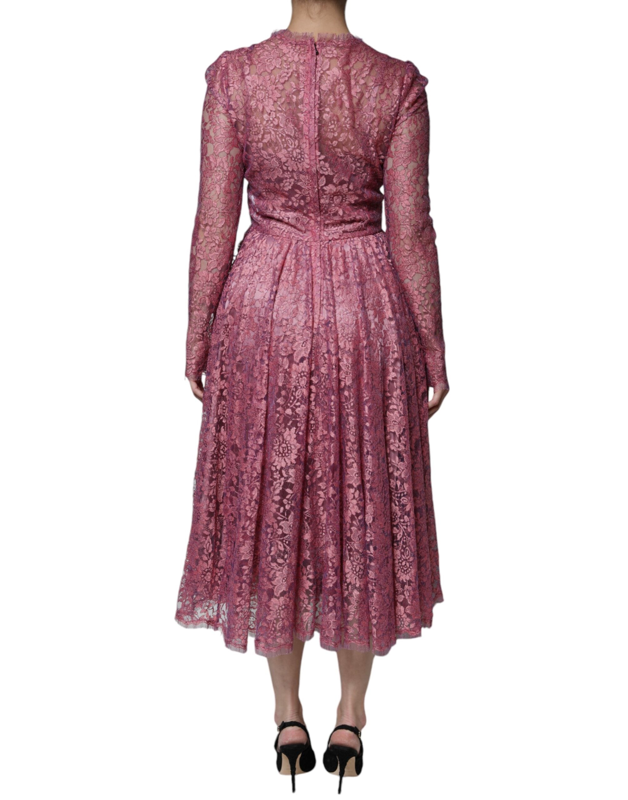 Pink Floral Lace Long Sleeve Midi Dress - ventzia
