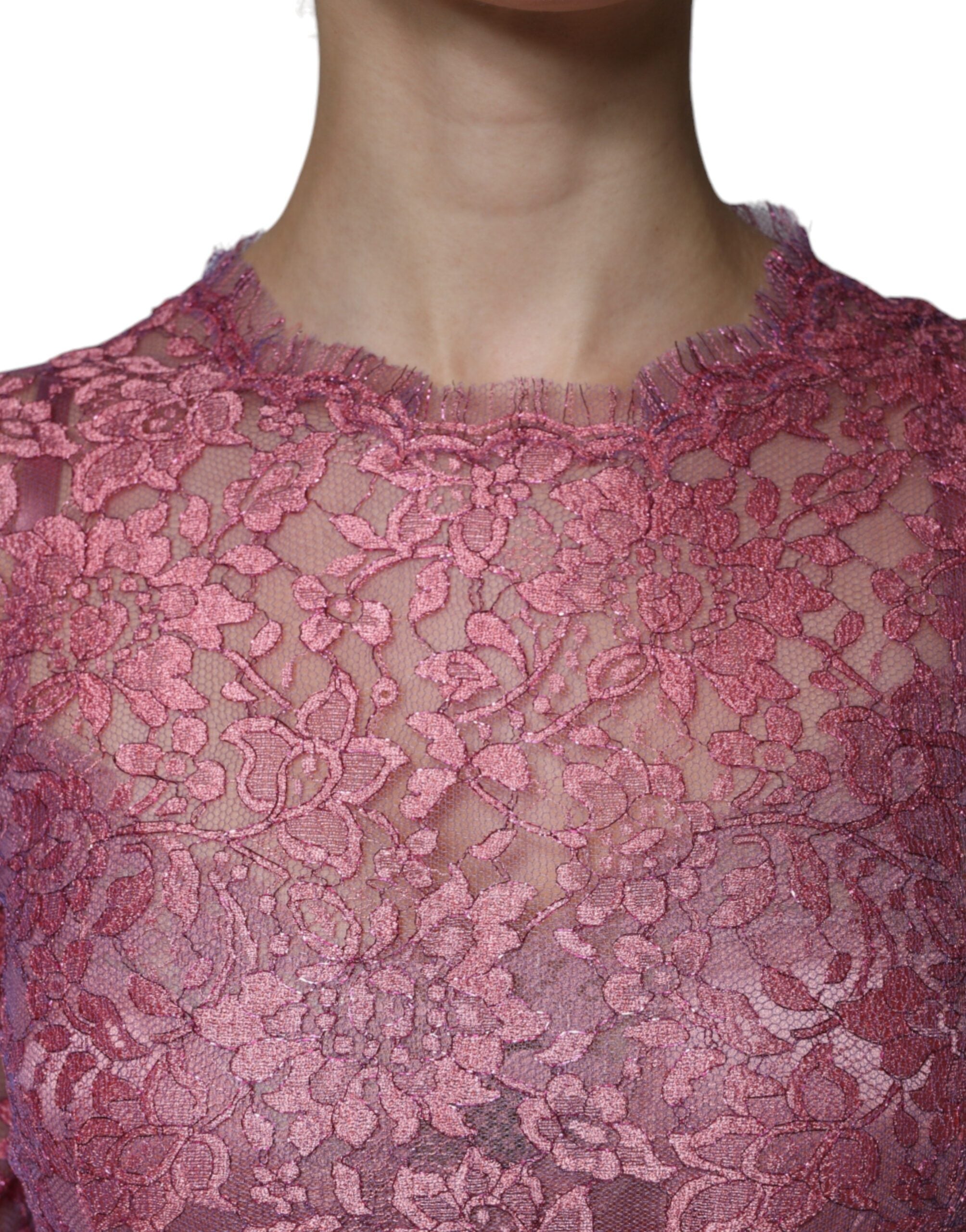 Pink Floral Lace Long Sleeve Midi Dress - ventzia