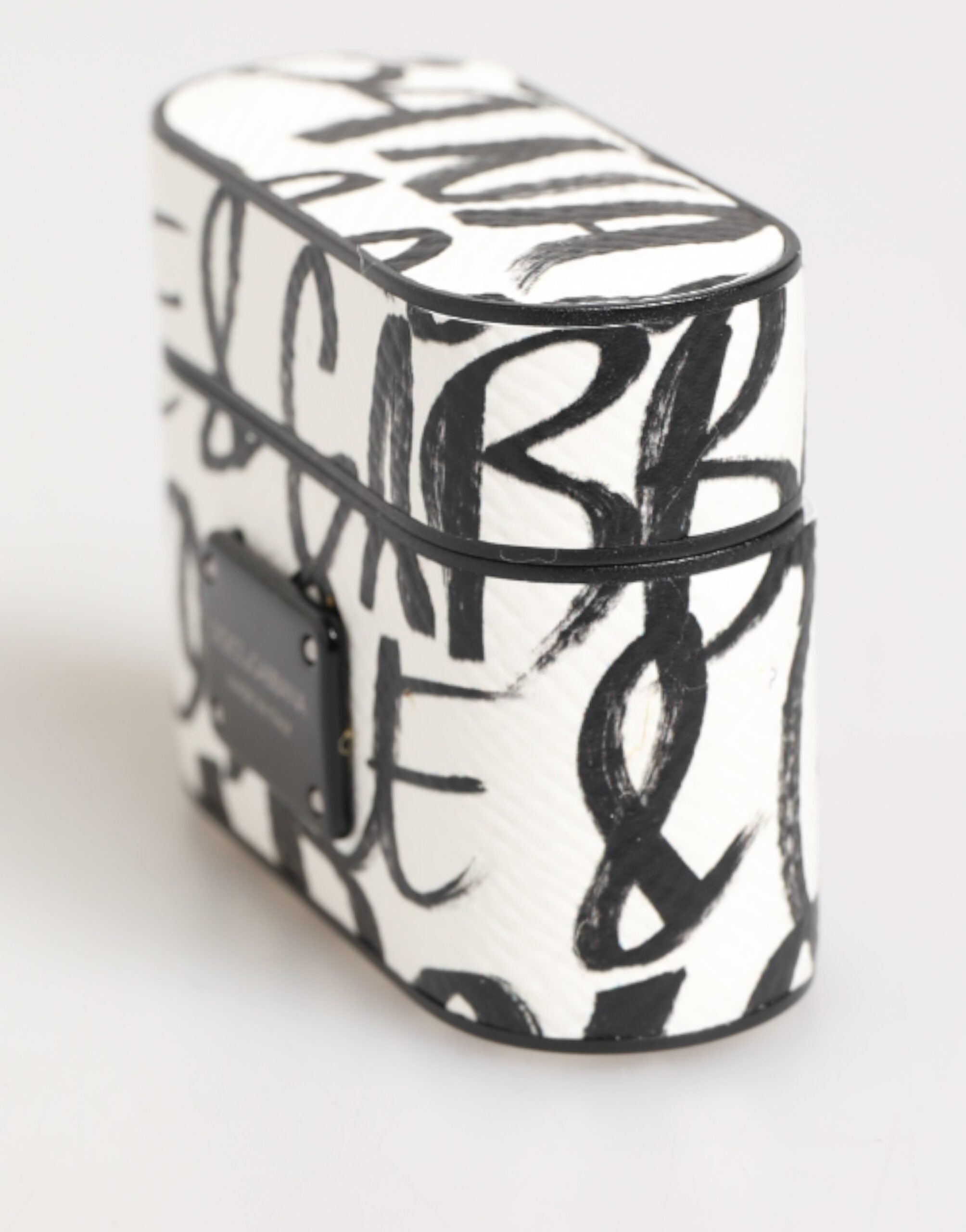 Black White Leather Monogram Print Logo Holder Airpods Case - ventzia
