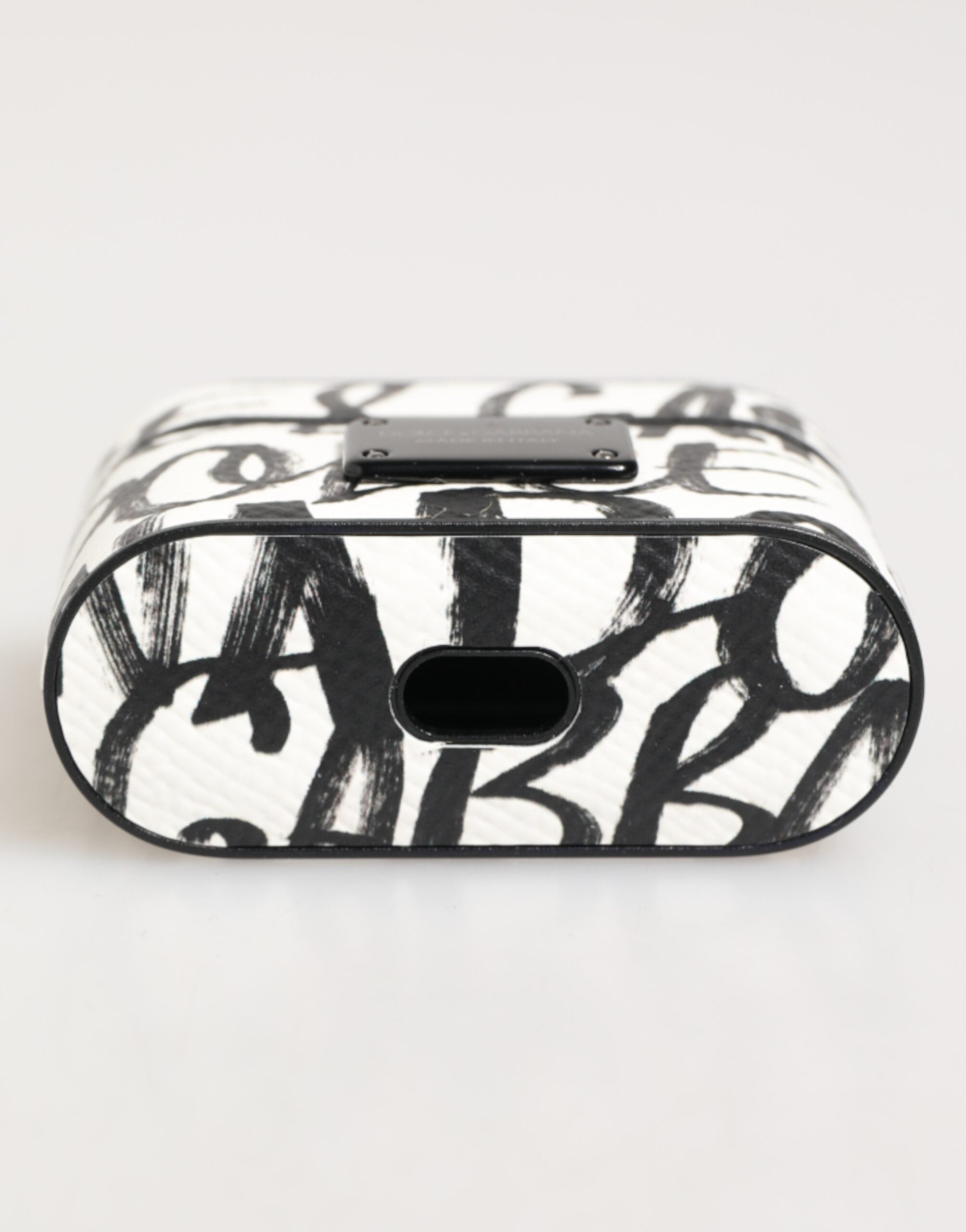 Black White Leather Monogram Print Logo Holder Airpods Case - ventzia