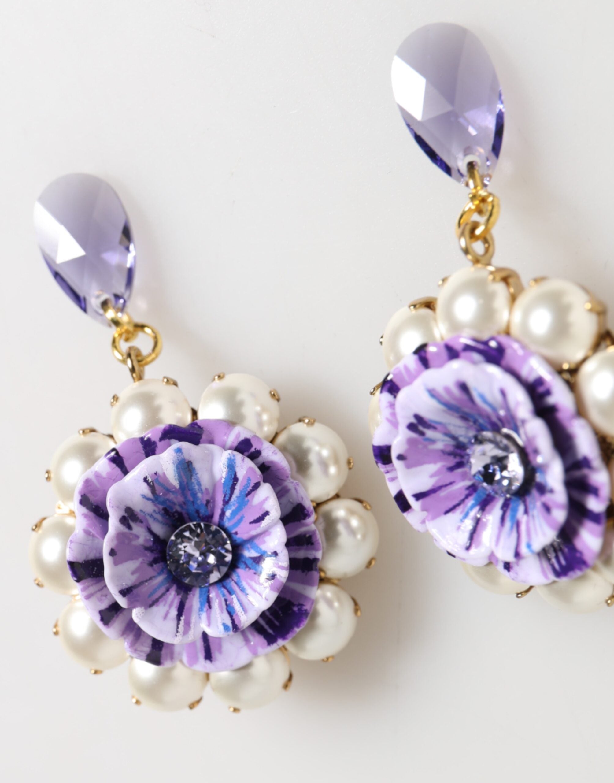 Purple Floral Crystal Pearl Drop Clip-On Statement Earrings - ventzia