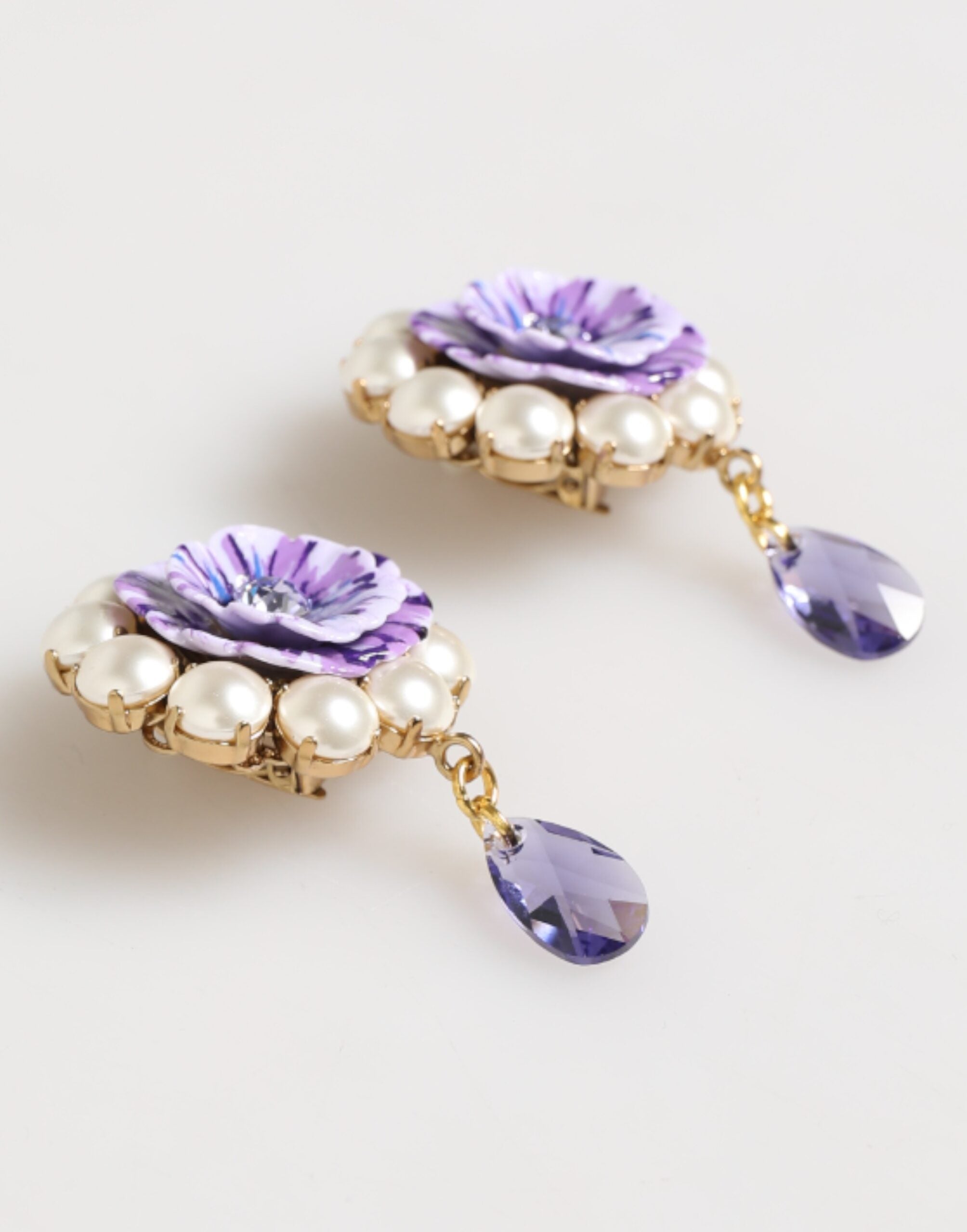 Purple Floral Crystal Pearl Drop Clip-On Statement Earrings - ventzia