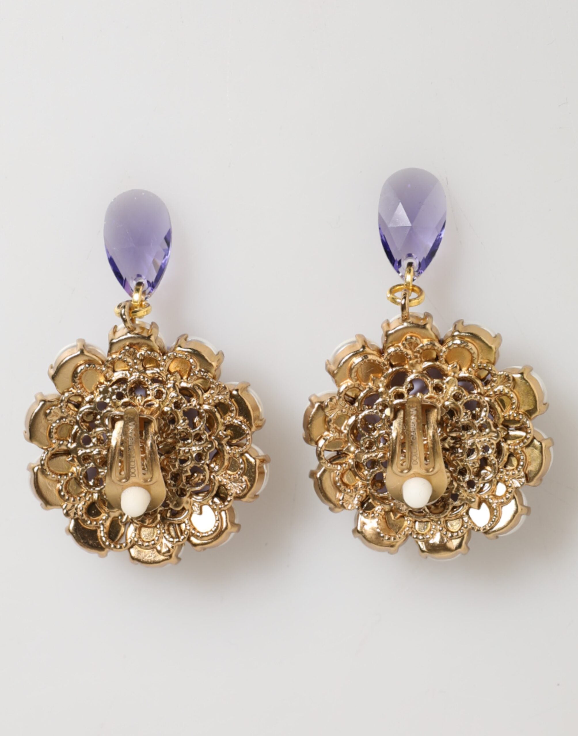 Purple Floral Crystal Pearl Drop Clip-On Statement Earrings - ventzia