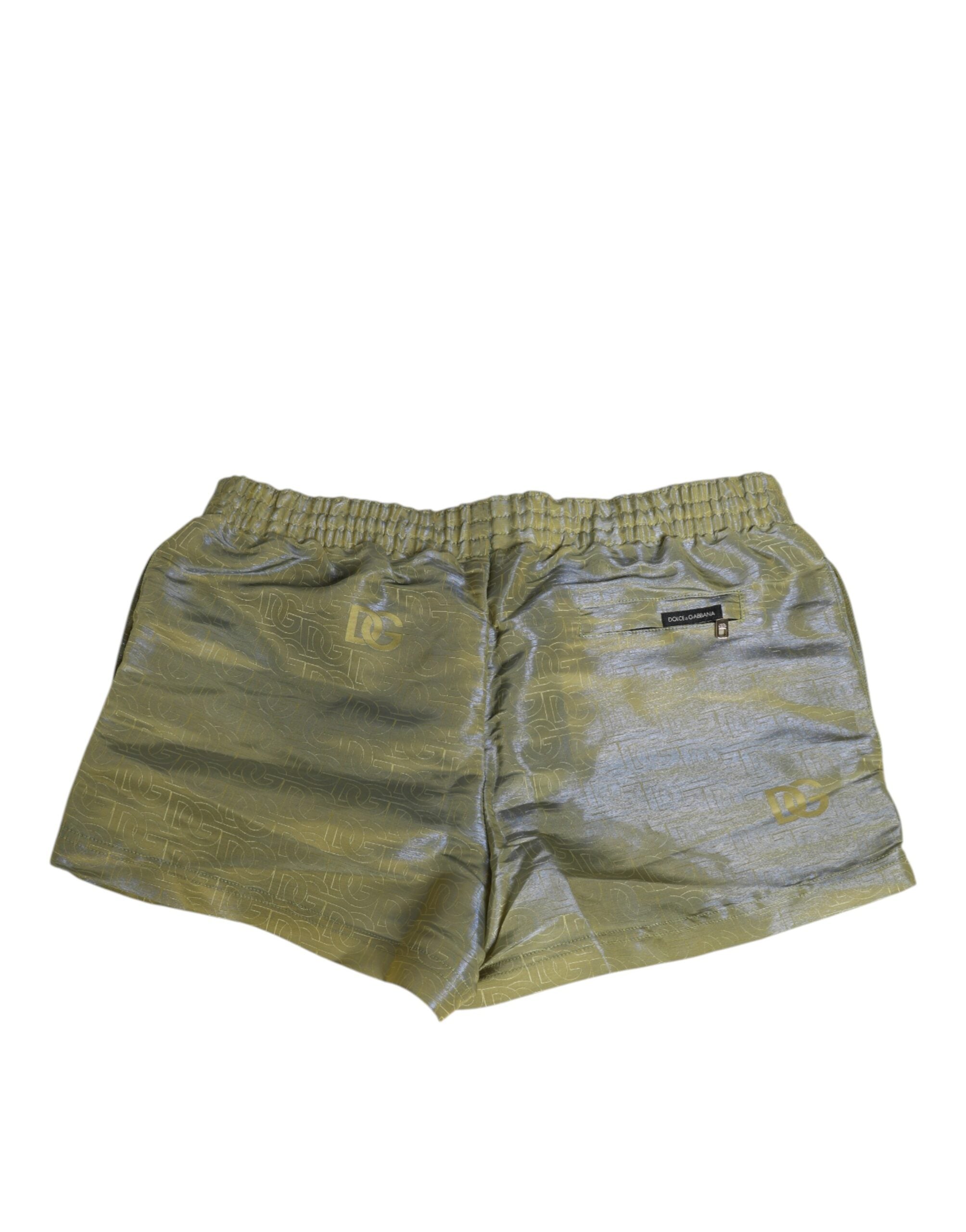 Green Polyester Metallic Logo Print Men Swimwear - ventzia