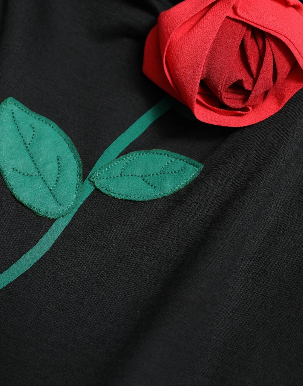 Black Wool Sleeveless Rose Applique Dress - ventzia