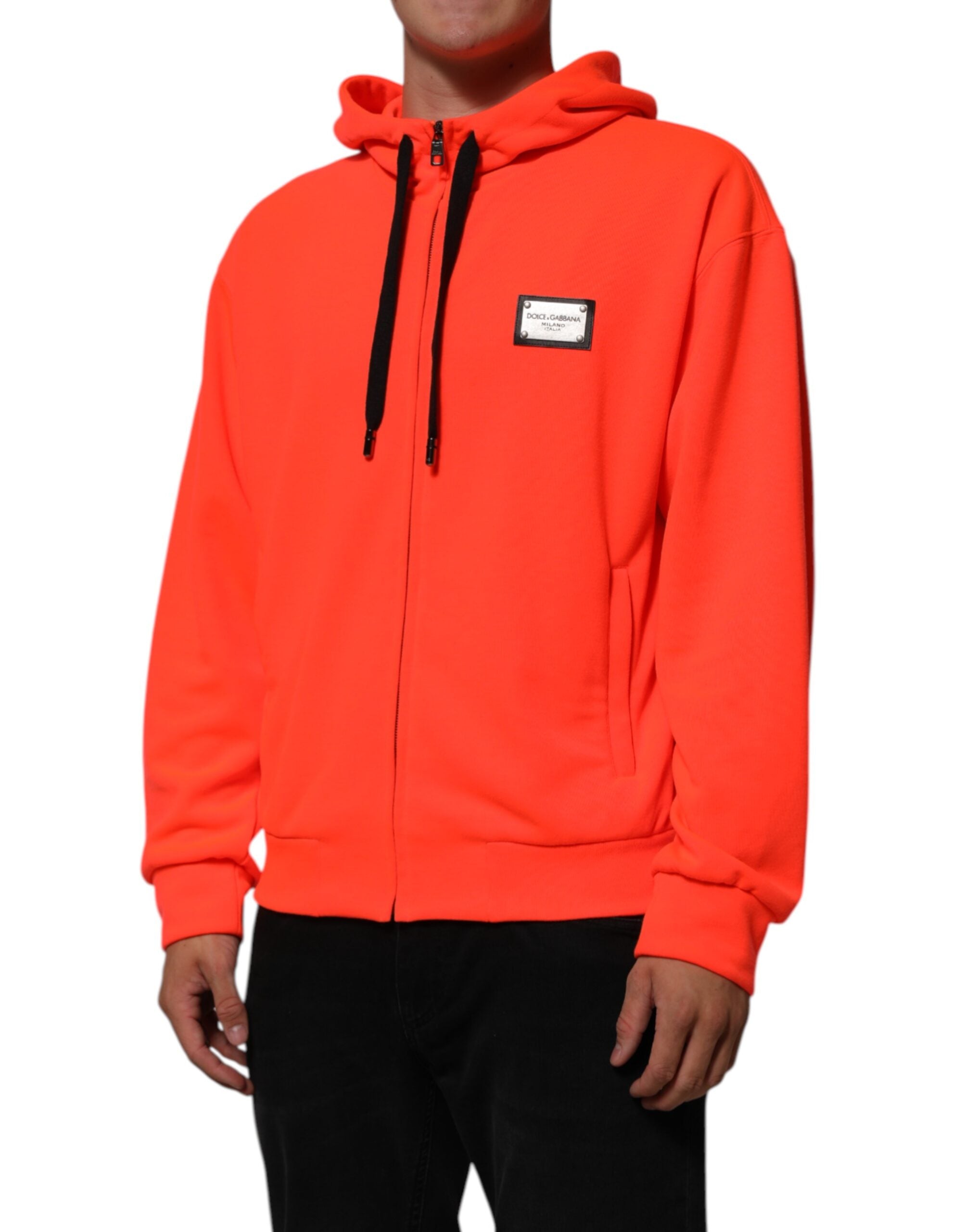 Red Fluorescent Polyester Logo Patch Hoodie Sweater - ventzia