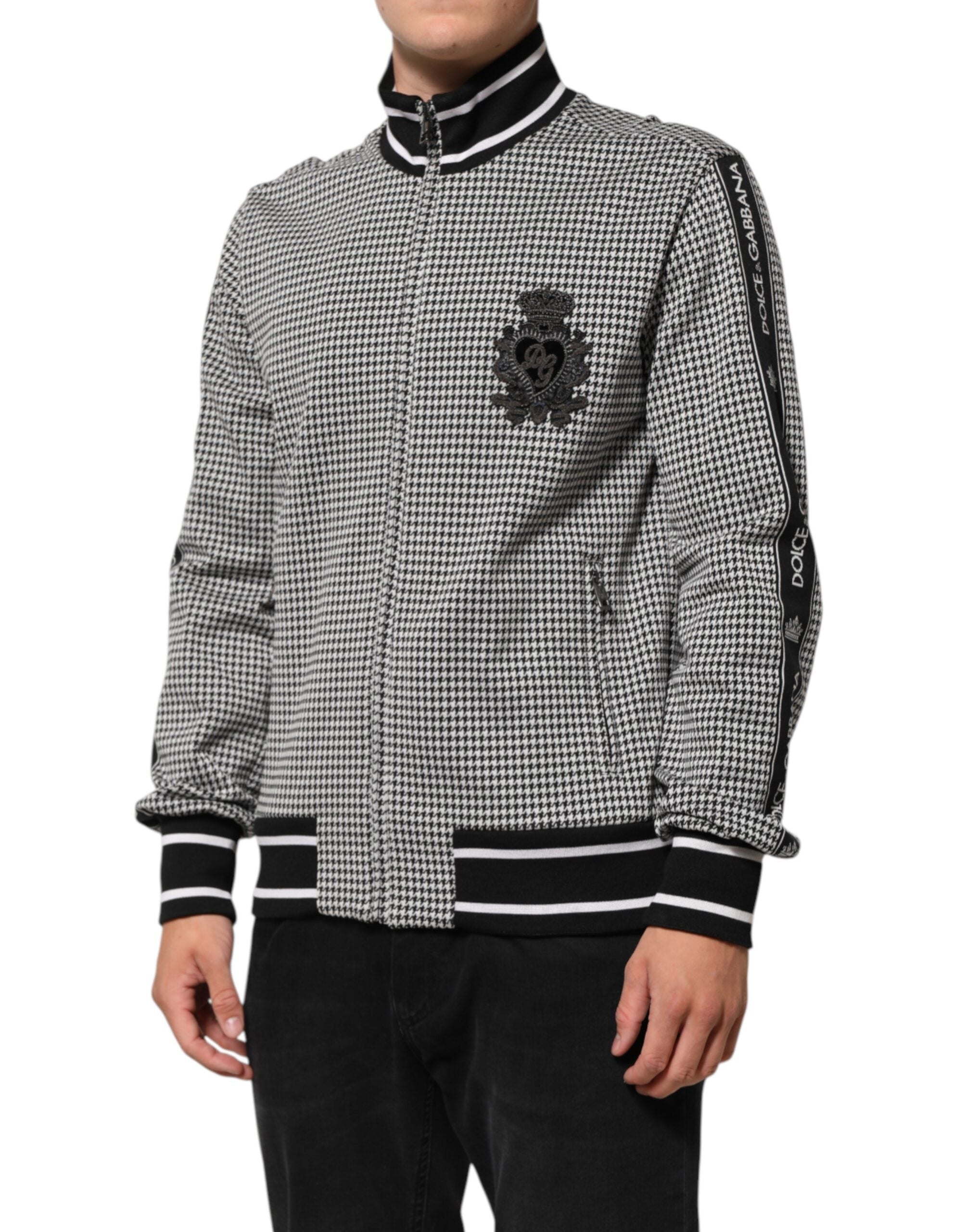 Black White Houndstooth Wool Crest Jacket Sweater - ventzia