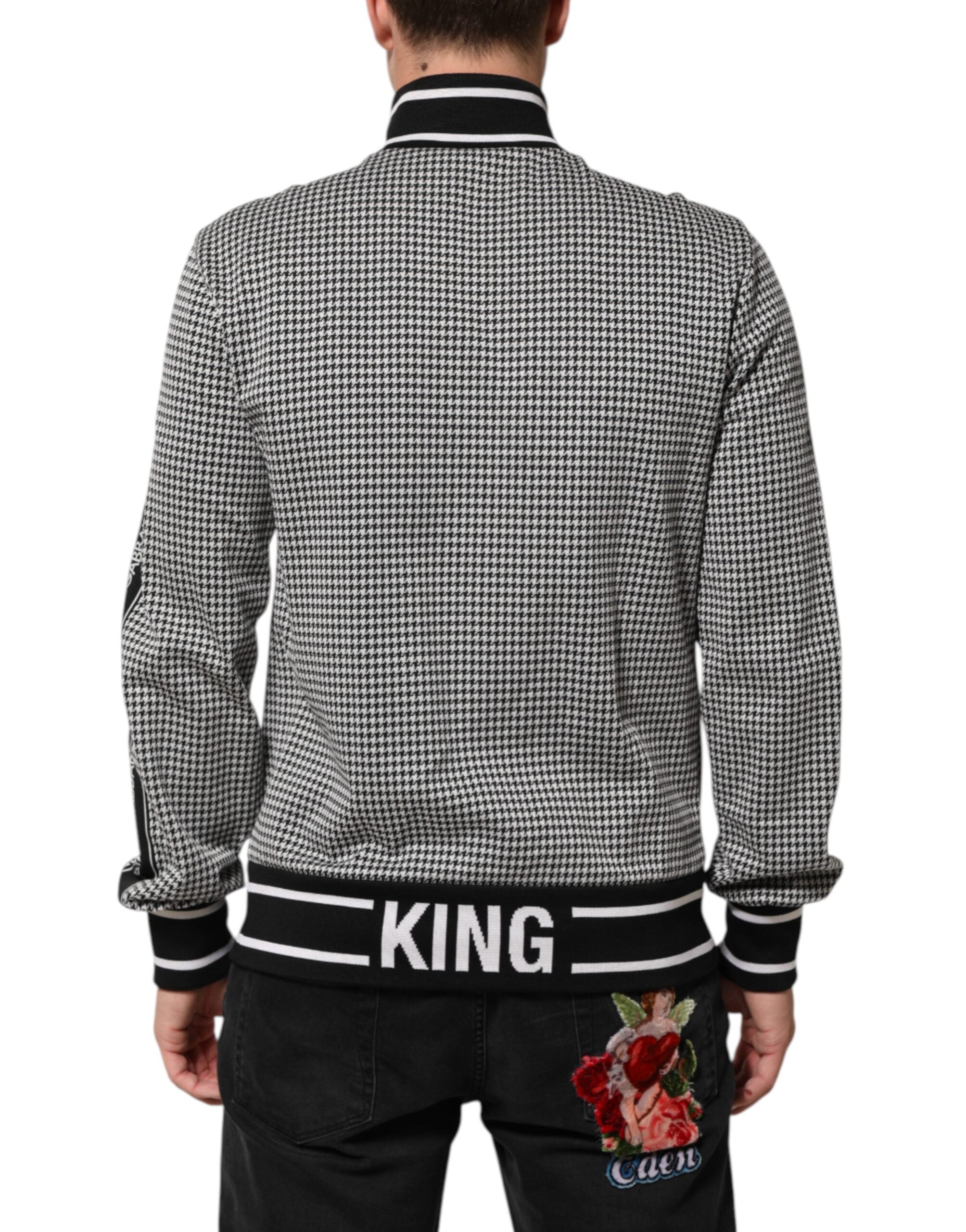 Black White Houndstooth Wool Crest Jacket Sweater - ventzia