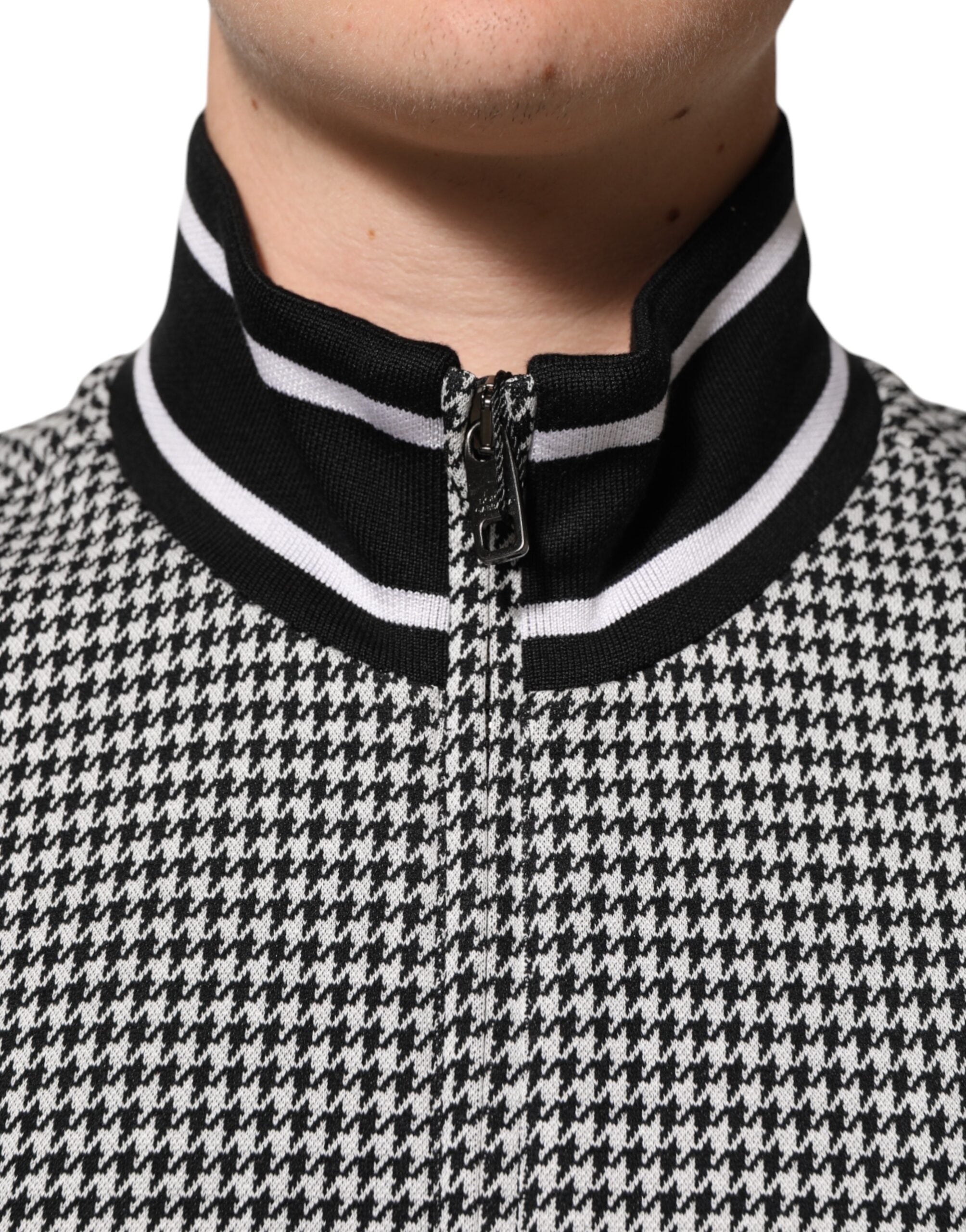 Black White Houndstooth Wool Crest Jacket Sweater - ventzia
