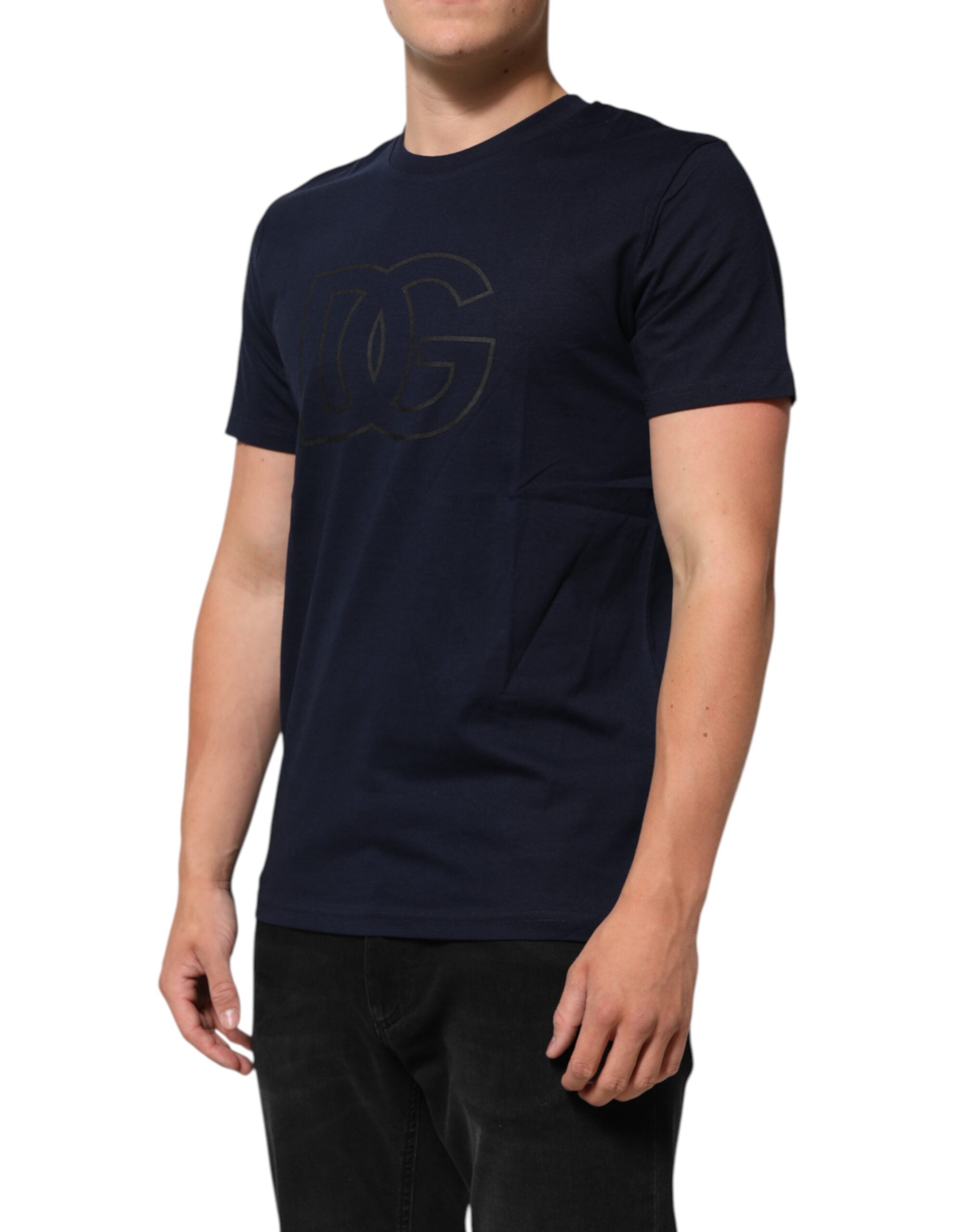 Dark Blue Cotton DG Logo Print Men’s Top T-shirt - ventzia