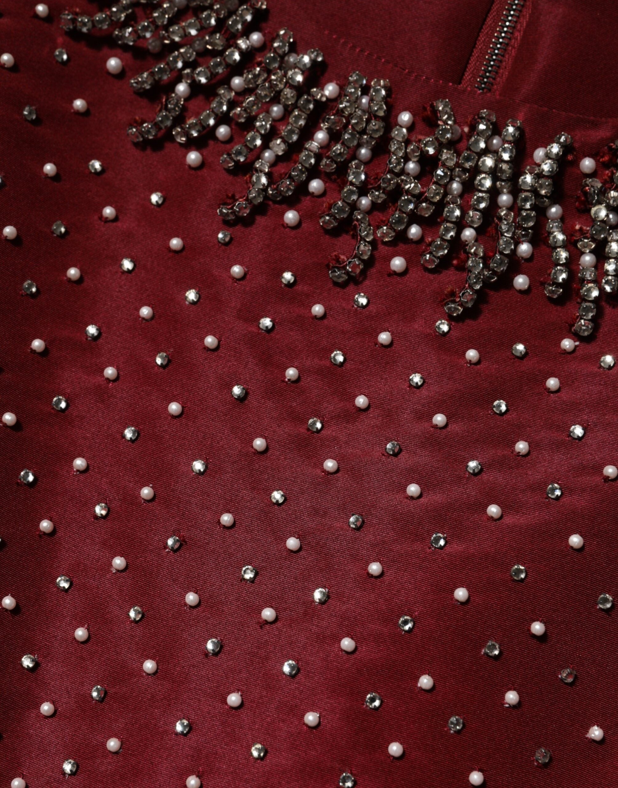 Burgundy Silk Beaded Evening Gown Dress - ventzia