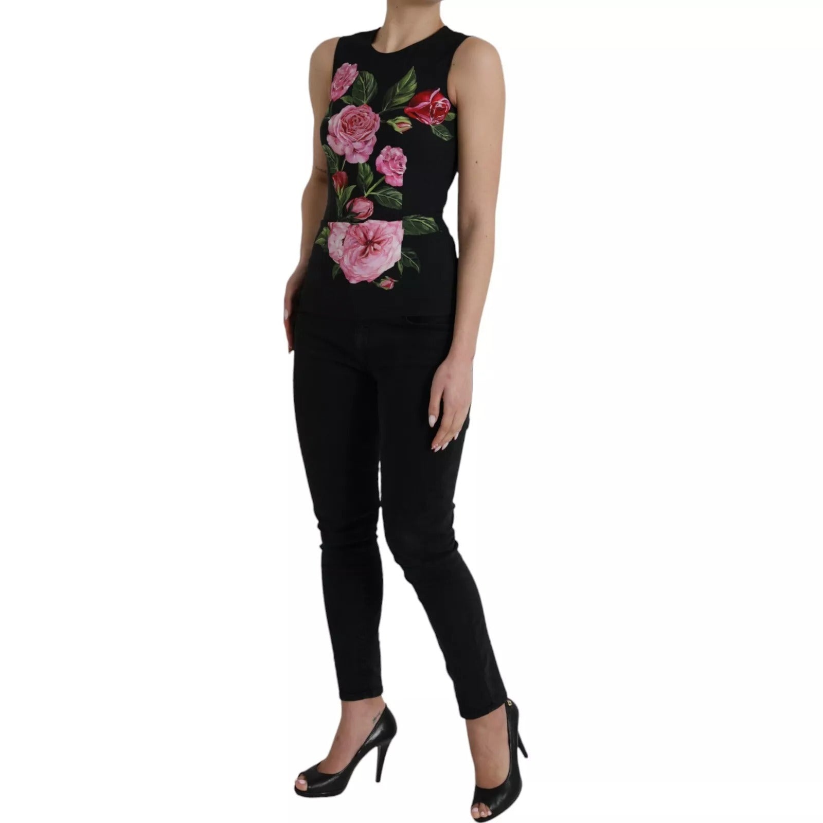 Black Floral Viscose Round Neck Tank Top - ventzia