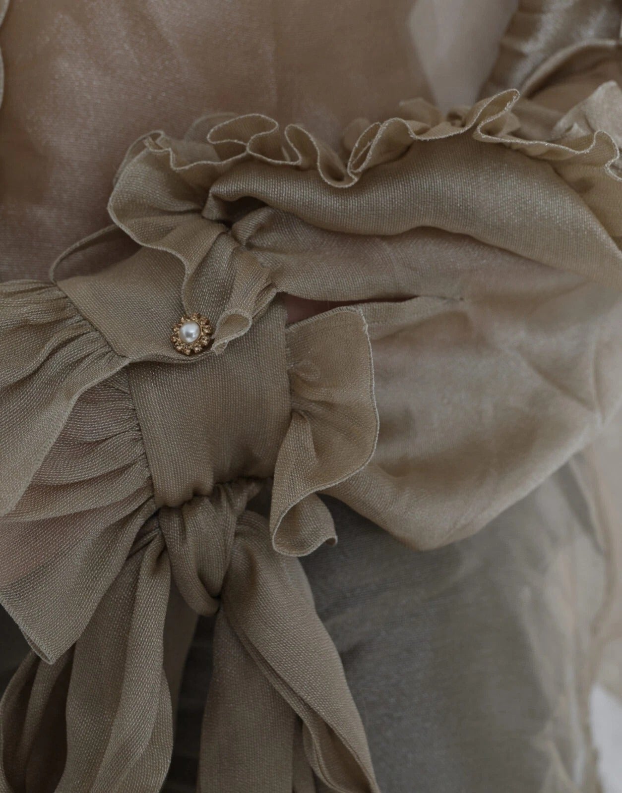 Gold Ascot Collar Ruffles Blouse Top - ventzia