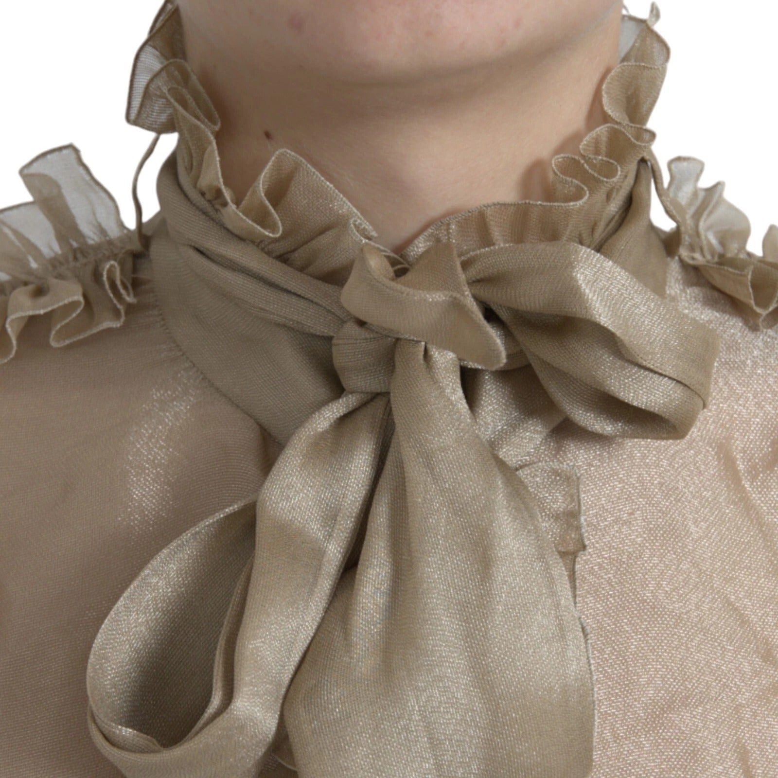 Gold Ascot Collar Ruffles Blouse Top - ventzia