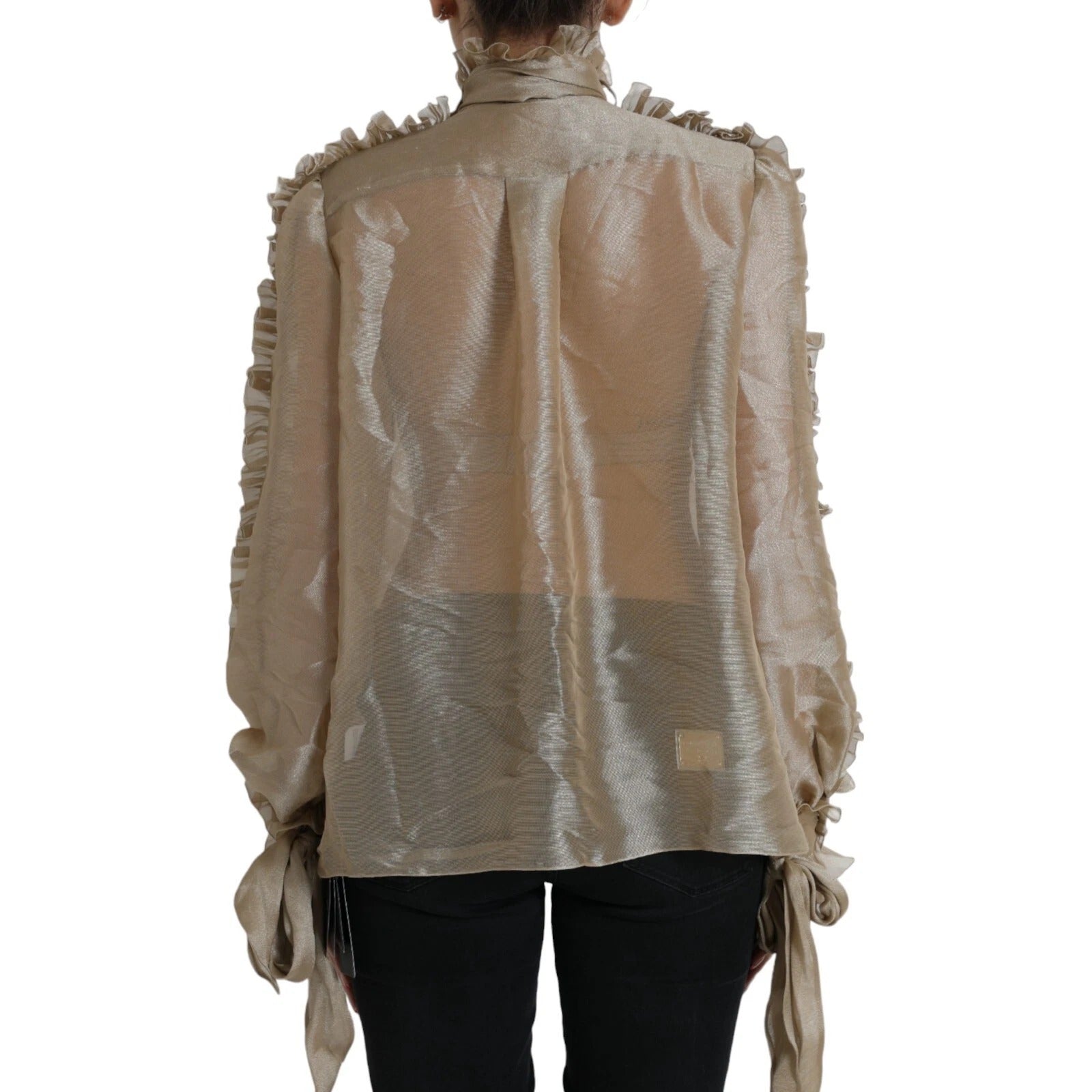 Gold Ascot Collar Ruffles Blouse Top - ventzia