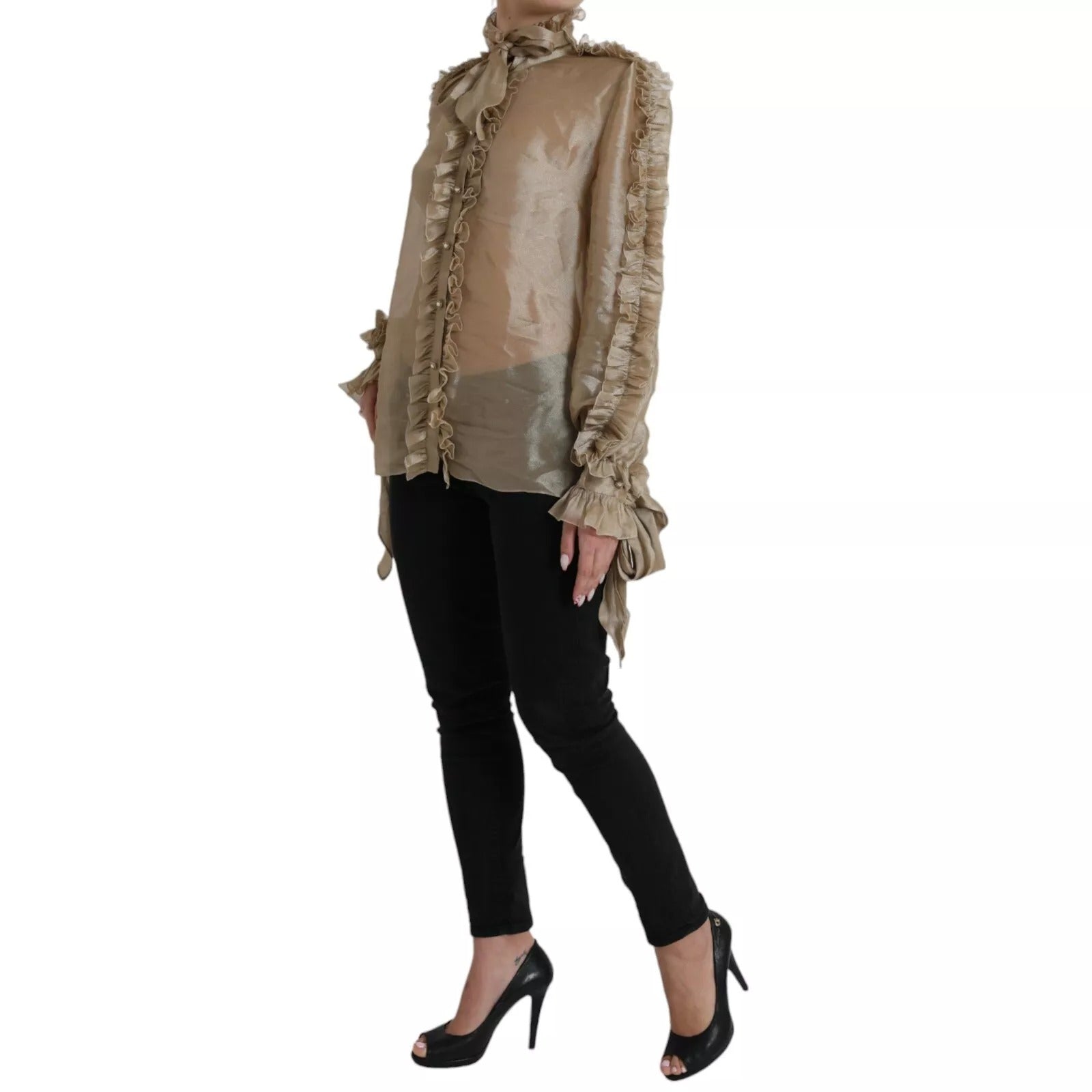 Gold Ascot Collar Ruffles Blouse Top - ventzia